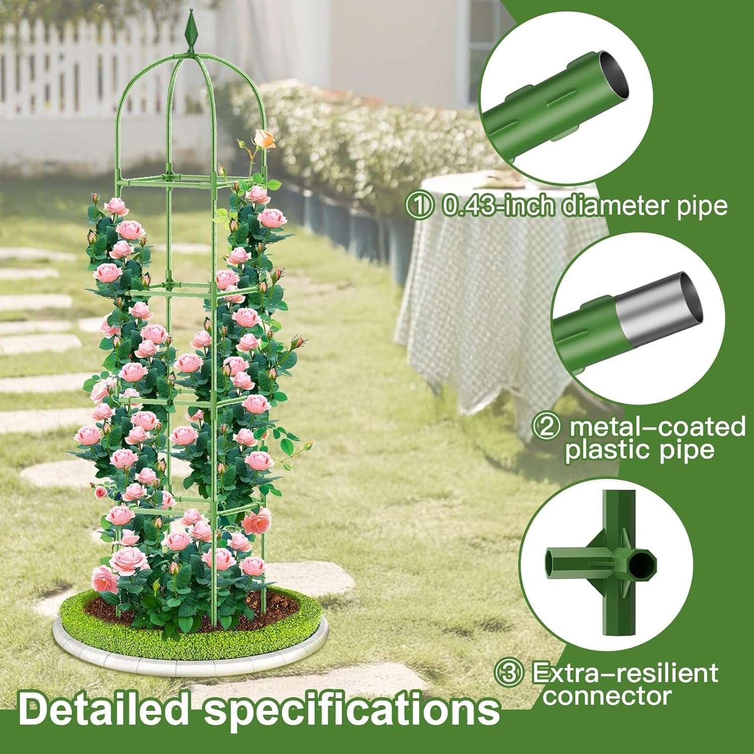 LATERN 1 Pieza Enrejado de Obelisco de Jardín para Plantas Trepadoras, 180CM Altura Soporte Metálico para Plantas con Revestimiento Antioxidante para Macetas Plantas Rosas Tomates Flores Uvas (Verde)