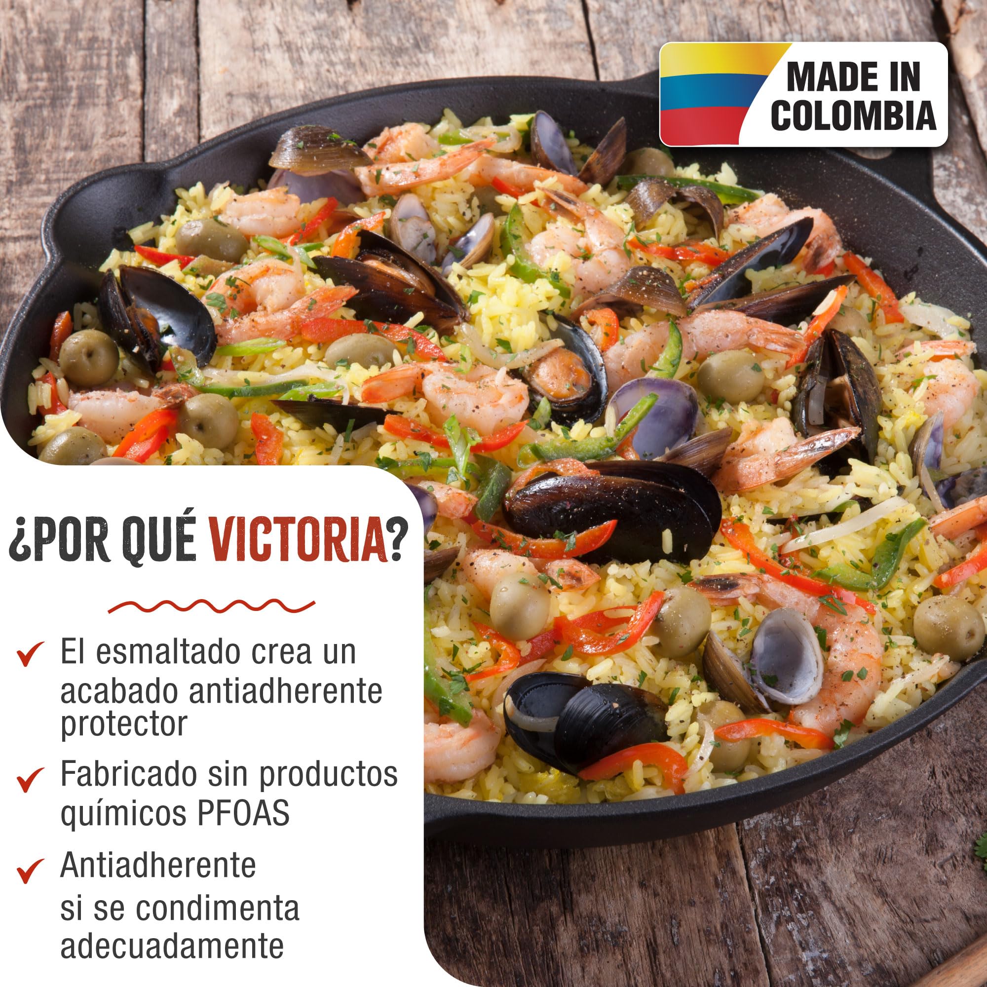 VICTORIA Paellera Sartén Hierro Fundido Esmaltado Inducción 33cm, Apta para Fuego, Barbacoa, Horno, Vitrocerámica, Gas, Cast Iron Skillet, Libre de Tóxicos sin PTFE ni PFOA