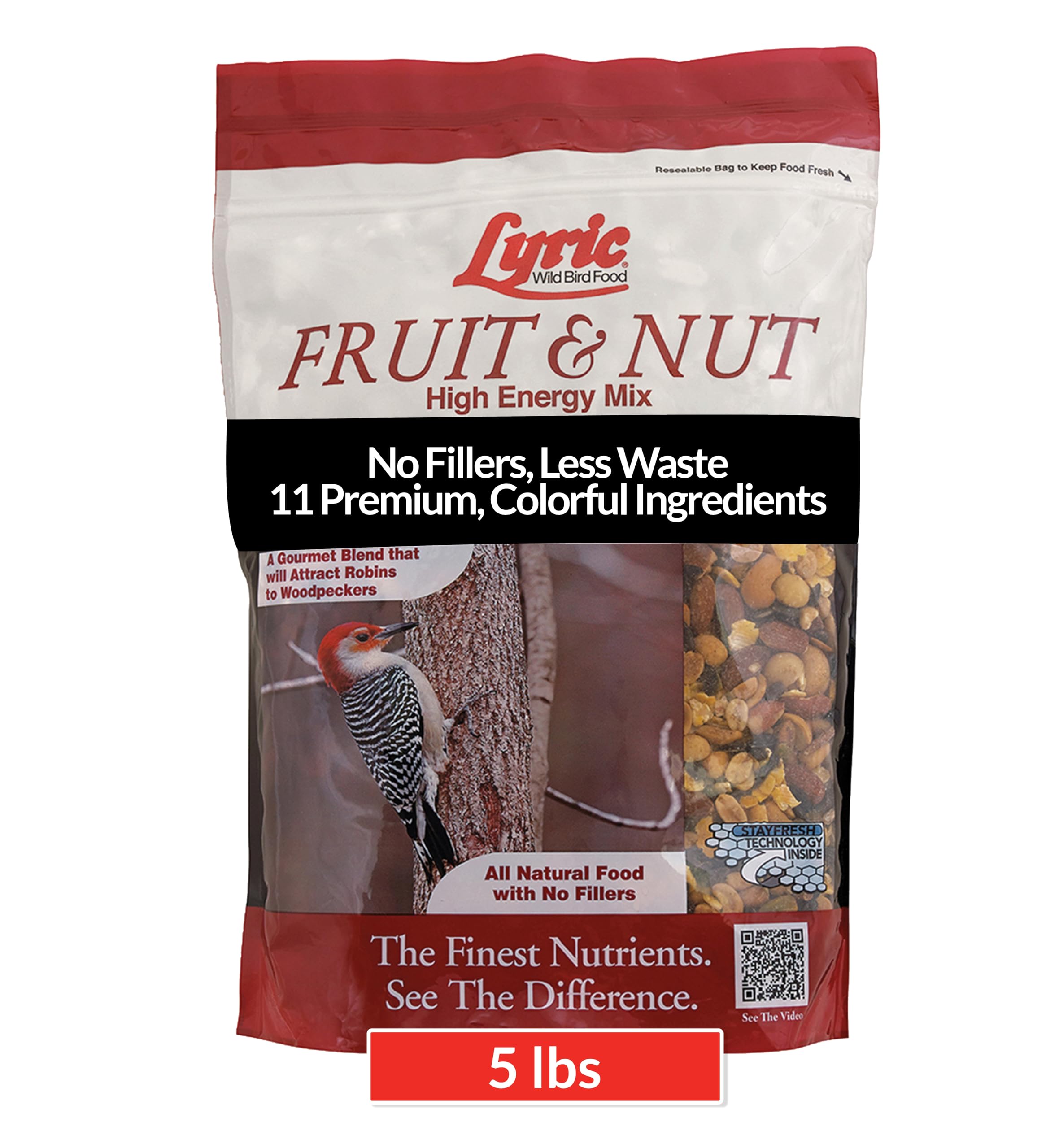 Lyric Fruit and Nut Wild Bird Seed - High Energy Wild Bird Food Mix - Attracts Woodpeckers, Chickadees & Other Songbirds -5 lb. Bag