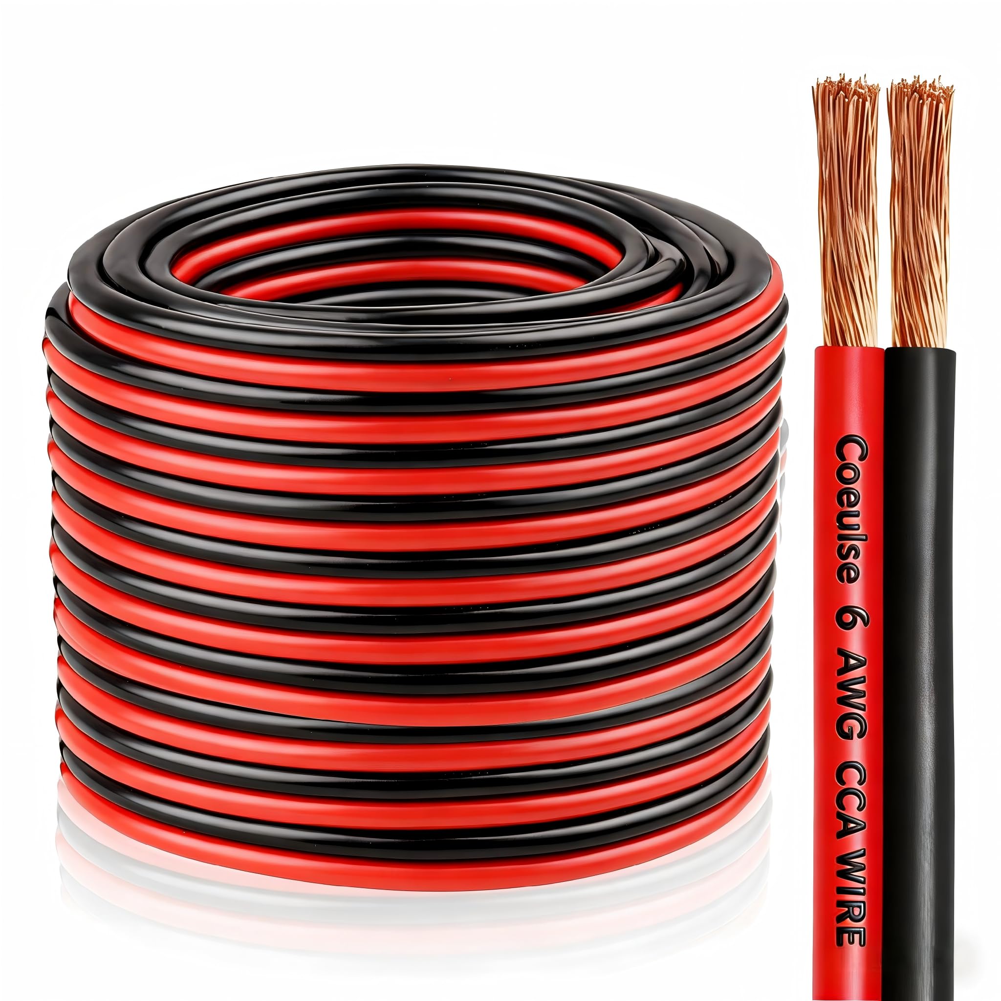 6 Gauge Wire 2 Conductors Copper Clad Aluminum CCA 10FT, 6/2 AWG Car Amplifier Power and Ground Cable for Automotive, Audio, Trailer, Battery, RV and