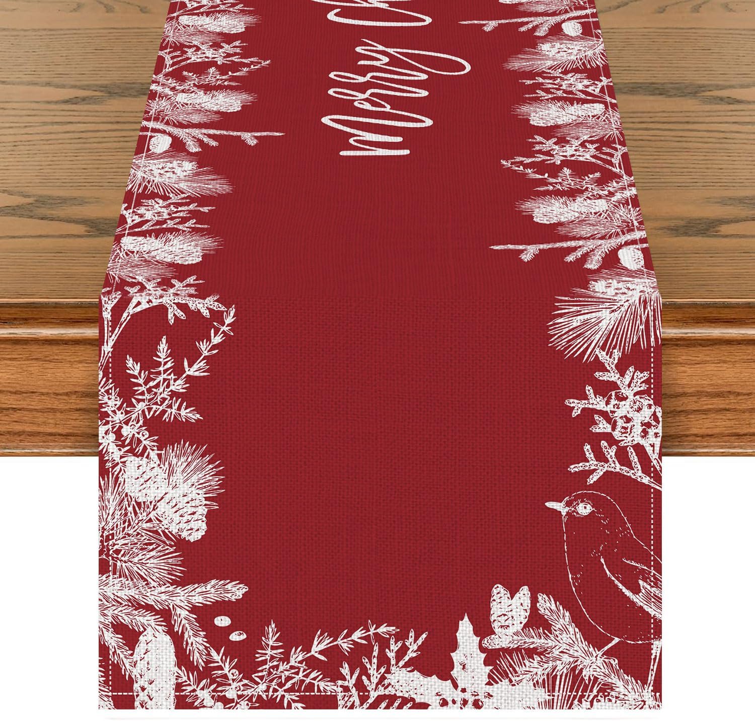 Merry Christmas Table Runner Winter Pine Spruce Cedar