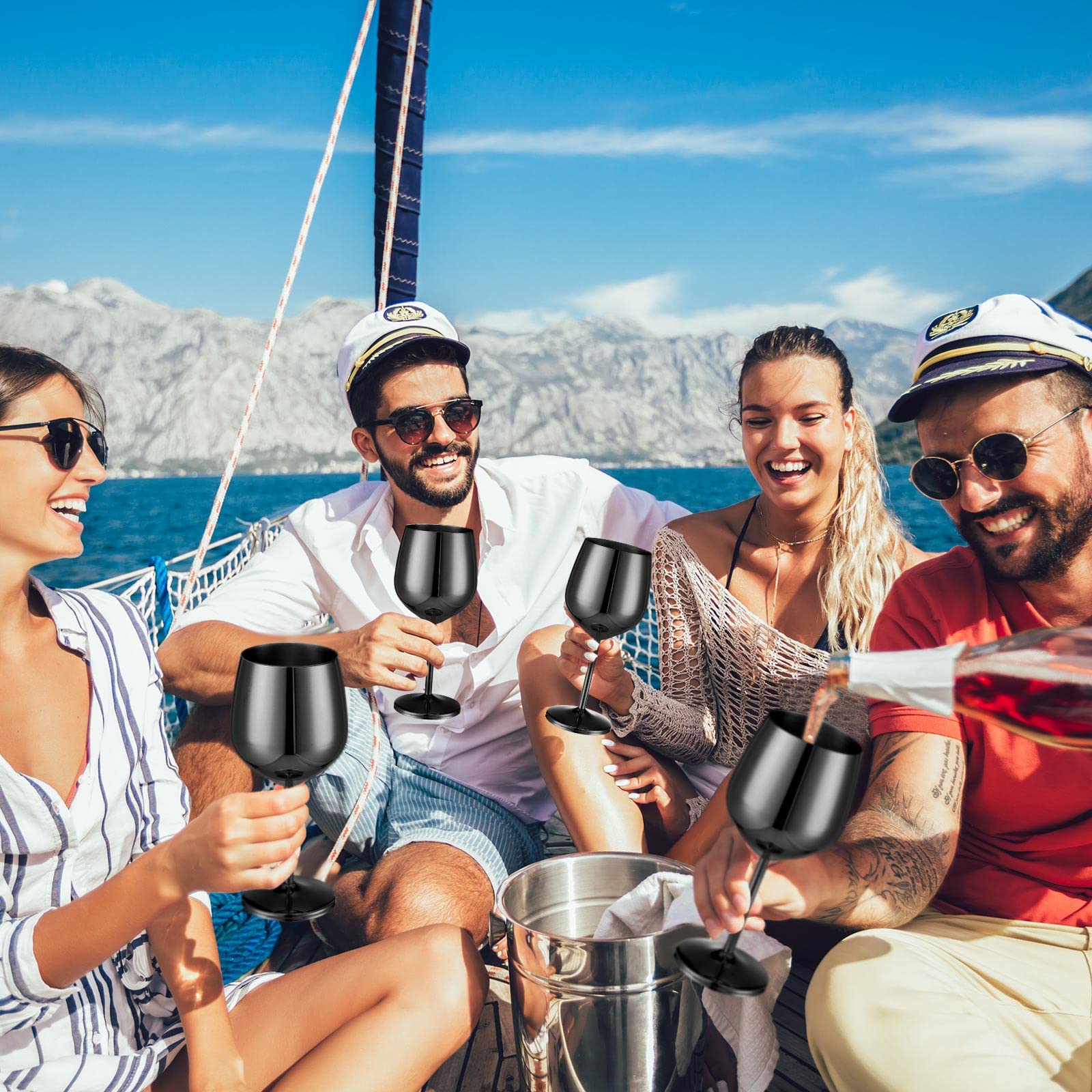 Juego de 6 copas de vino de acero inoxidable irrompibles de 18 onzas, copas de vino metálicas para eventos al aire libre, fiestas, playa, piscina, viajes, aniversario de boda (negro)