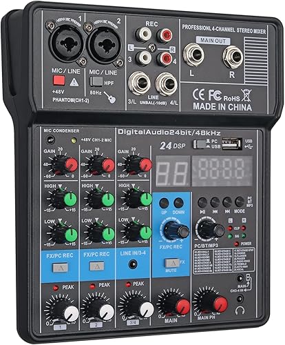 PROZOR Mezclador de audio profesional mezclador de audio de 4 canales consola de placa de sonido con 24 DSP USB Bluetooth MP3 entrada de computadora
