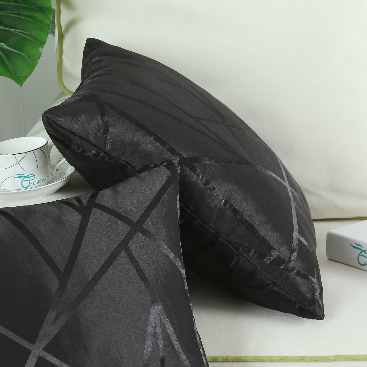 CaliTime Pack of 2 Throw Pillow Covers Cases for Couch Sofa Home Decor Modern Shining & Dull Contrast Triangles Abstract Lines Geometric 20 X 20 Inches Black