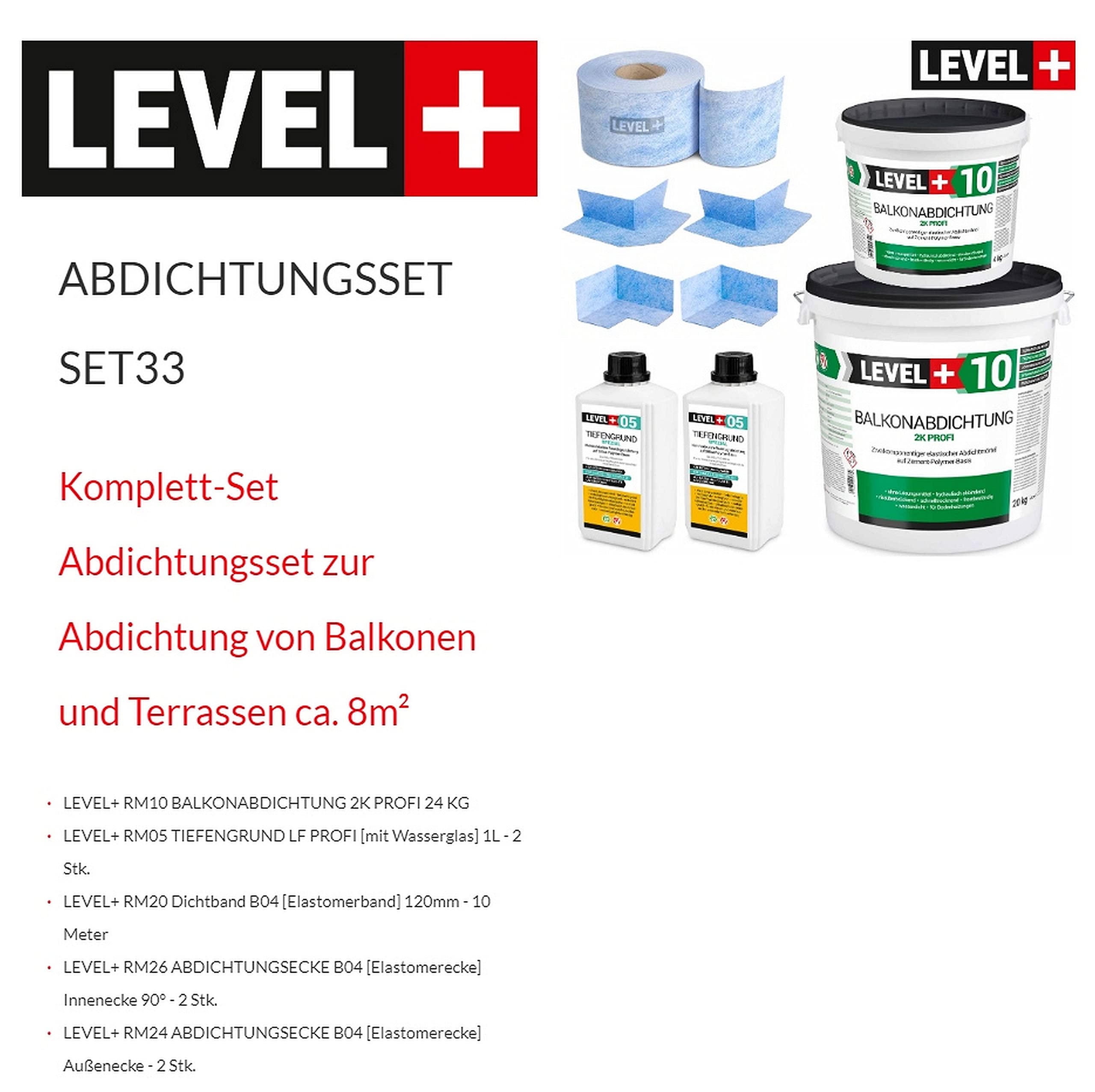 Dicht-Set 24Kg Balkonabdichtung 8m², 2 Innenecken, 2 Außenecke, 10M Dichtband, 2L Tiefengrund mit Wasserglas SET33