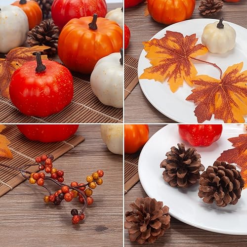 Miniatura 6 de Juego de decoración de calabaza, 22 piezas de decoración de cosecha de otoño, calabazas artificiales naranjas, piñas, bayas, hojas de arce para