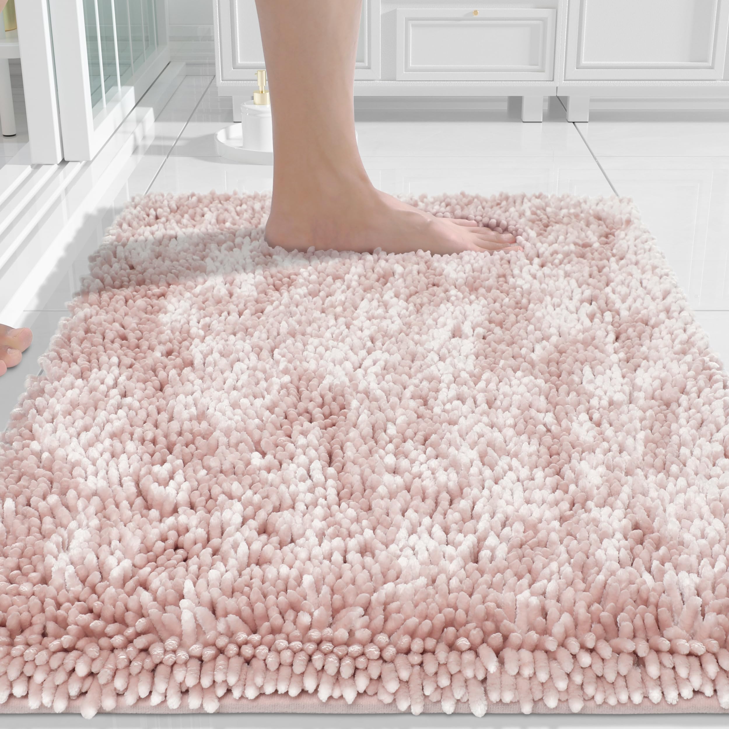 Yimobra Bathroom Rug, Chenille Extra Soft and Absorbent Shaggy Bath Mat, Non Slip, Machine Washable Dry, Plush Floor Carpet for Tub, Shower and Bath Room (17 Inches X 24 Inches, Pink)