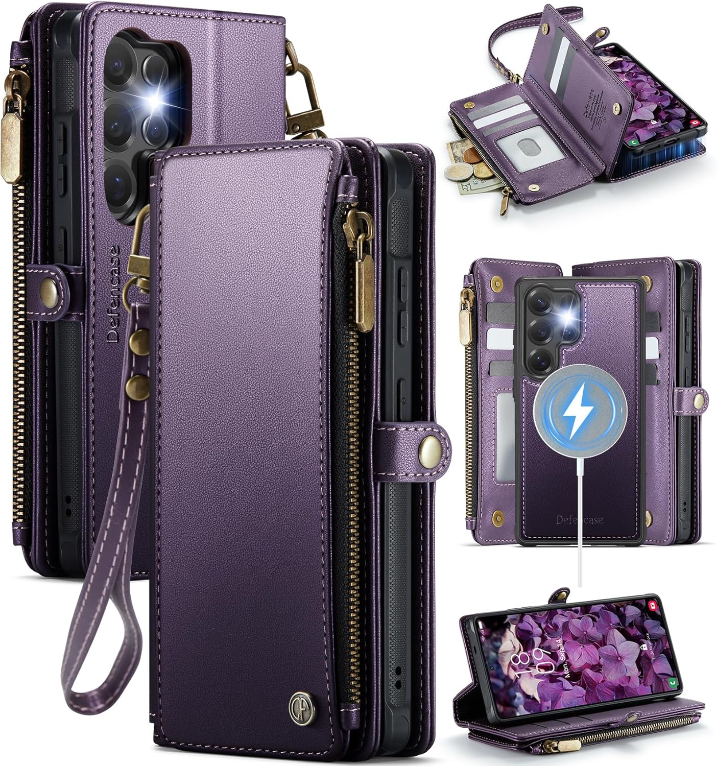 Defencase for Samsung Galaxy S25 Ultra Magnetic Wallet Case Compatible with Magsafe with RFID Blocking Zipper & Card Holder Women, PU Leather Detachable Phone Case for Galaxy S25 Ultra 6.9", Purple Galaxy S25 Ultra (Detachable with Magsafe)-Purple