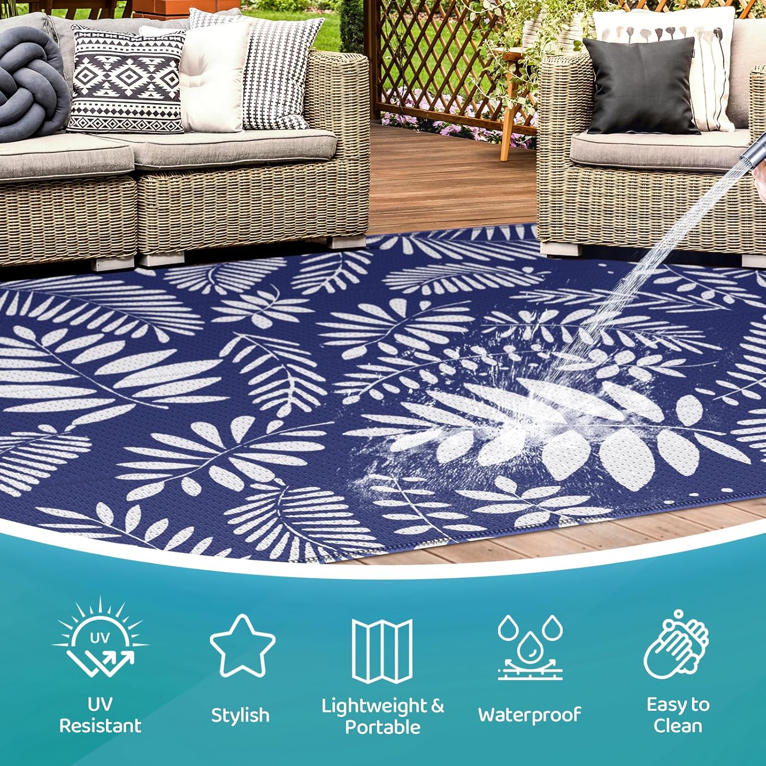 StepRite Outdoor Rug, Patio Rug, Plastic Straw Camping Rugs, Large Waterproof Area Rug and Mat for Outdoors, RV, Patio, Backyard, Deck, Porch, Beach, Balcony, (4'x 6', White & Blue)