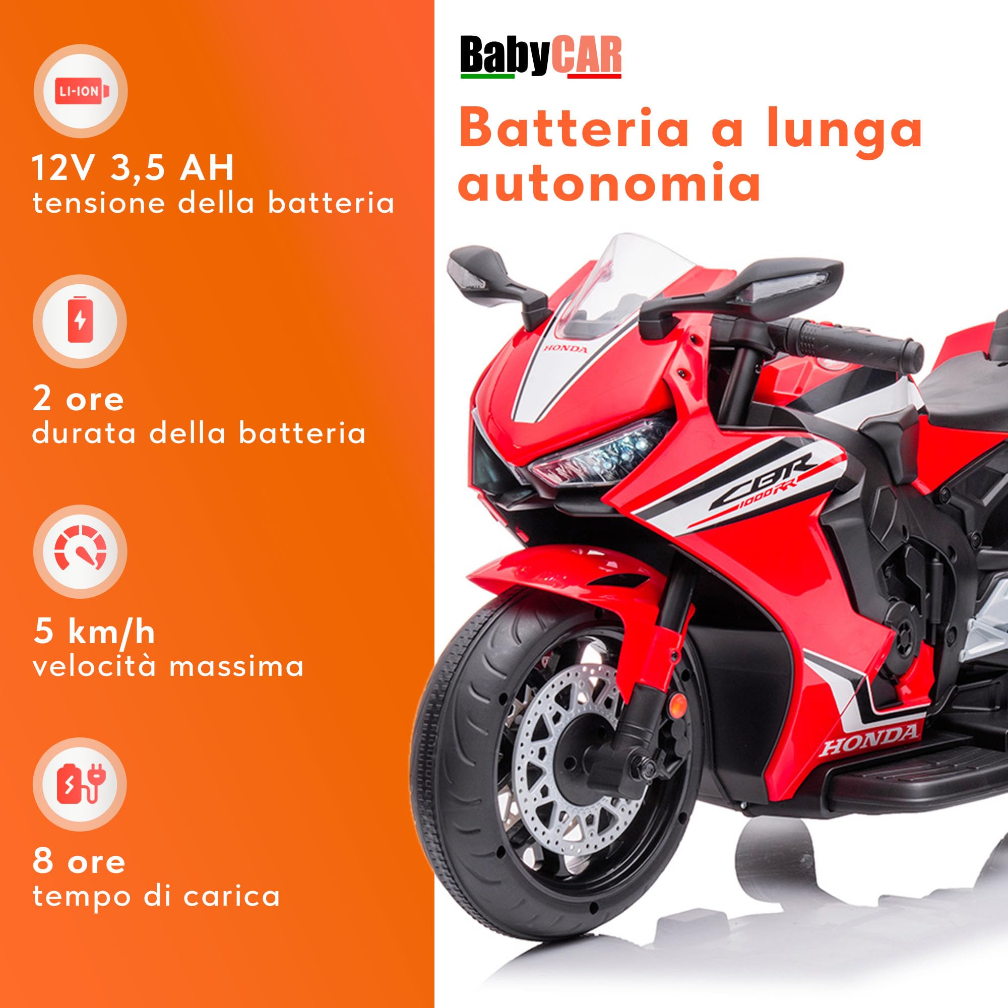 BabyCar Moto Elettrica Bambini Honda CBR 12V | Moto Elettrica Bambini 3-5 Anni con Luci, Suoni e Rotelle Stabilizzatrici | Batteria 12V 3,5Ah, Motore 30W e Acceleratore a Pedale | Rosso