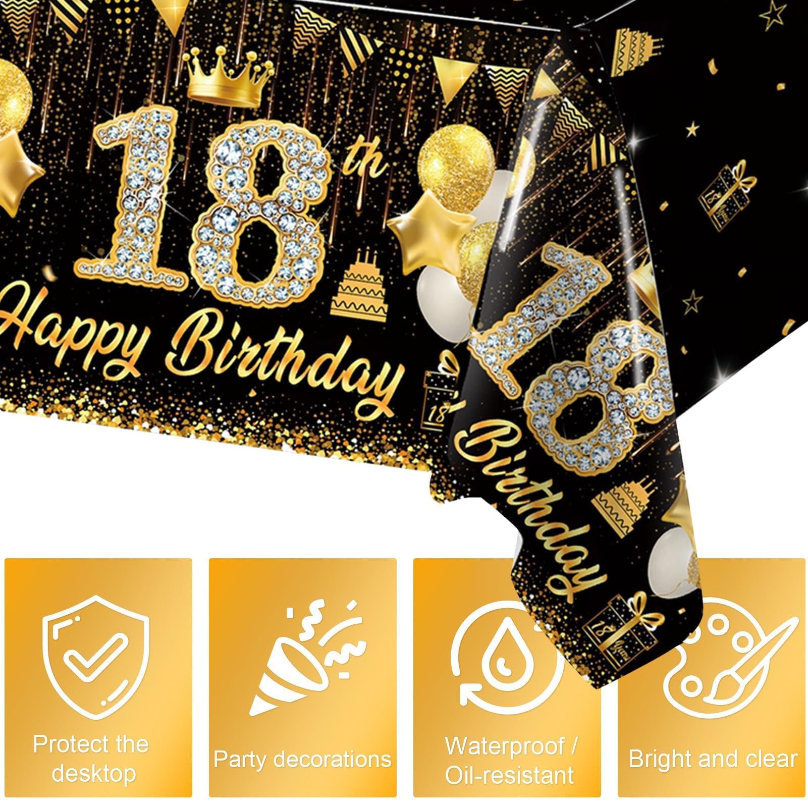 Tovaglia di Compleanno Oro Nero, 200x130cm, Tovaglia Happy 18th Birthday, Auguri di Compleanno 18. Tovaglia, Decorazione 18. Compleanno, Decorazione da Tavolo per Festa di Compleanno per Ragazze e