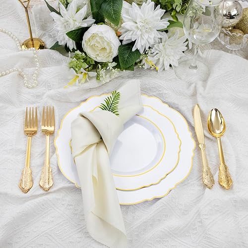 Miniatura 2 de Liacere 175 piezas Platos de Plástico Dorados - Blancos y Dorados Desechables, 50 PIEZAS Platos de Plástico para Cena, Perfectos para Bodas y