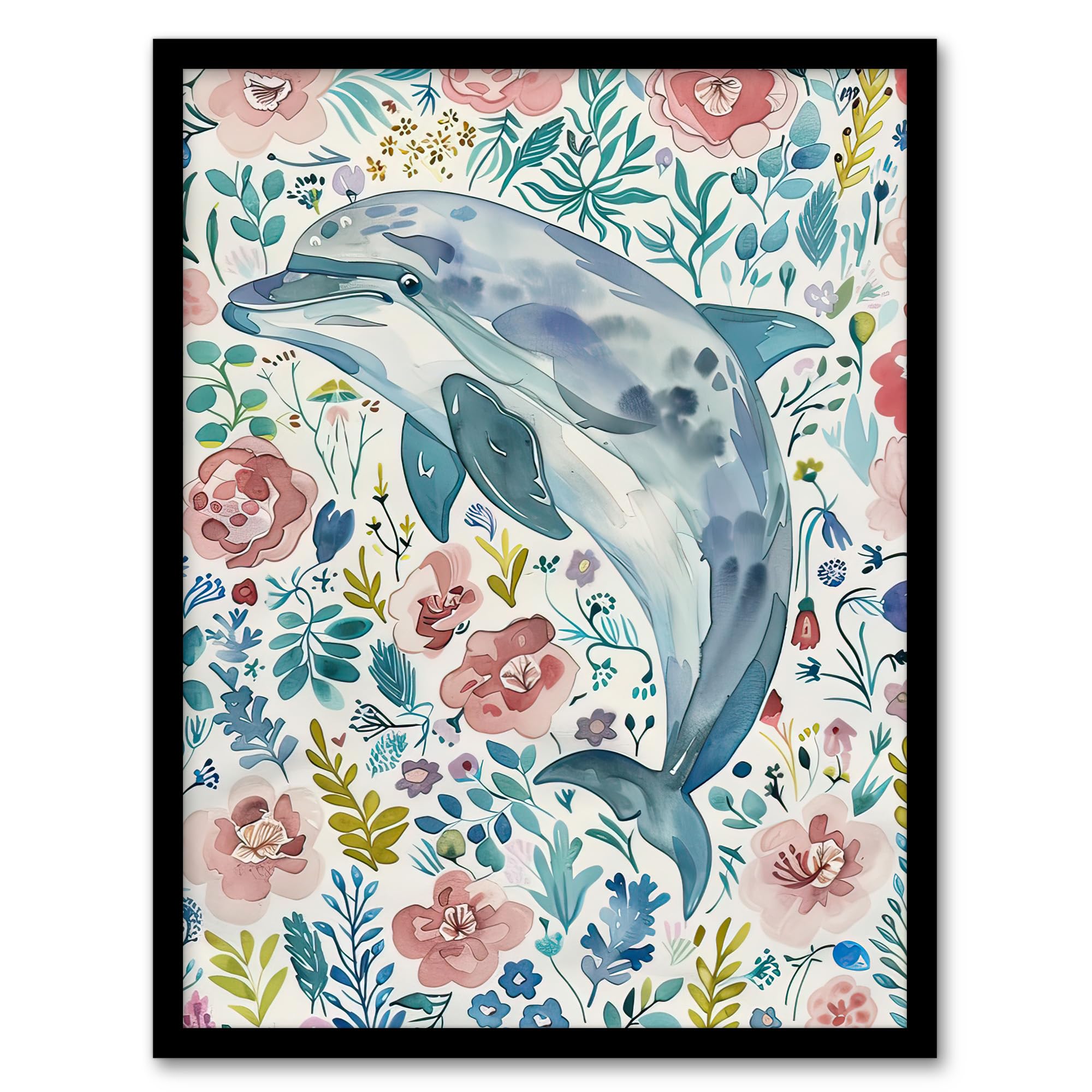 Artery8 Dolphin with Wildflowers Pink Blue Watercolour Bathroom Toilet Artwork Framed Wall Art Print A4