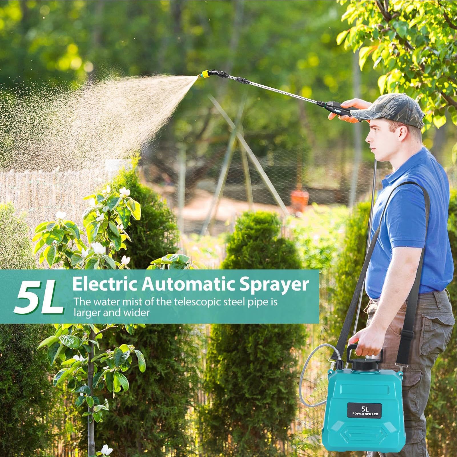 Spruzzatore alimentato a batteria - pressione da giardino, pompa 'acqua da | prato | trigger di ricarica USB, controllo multiplo 'ugello, serbatoio di perdite da 5 litri, a mani libere