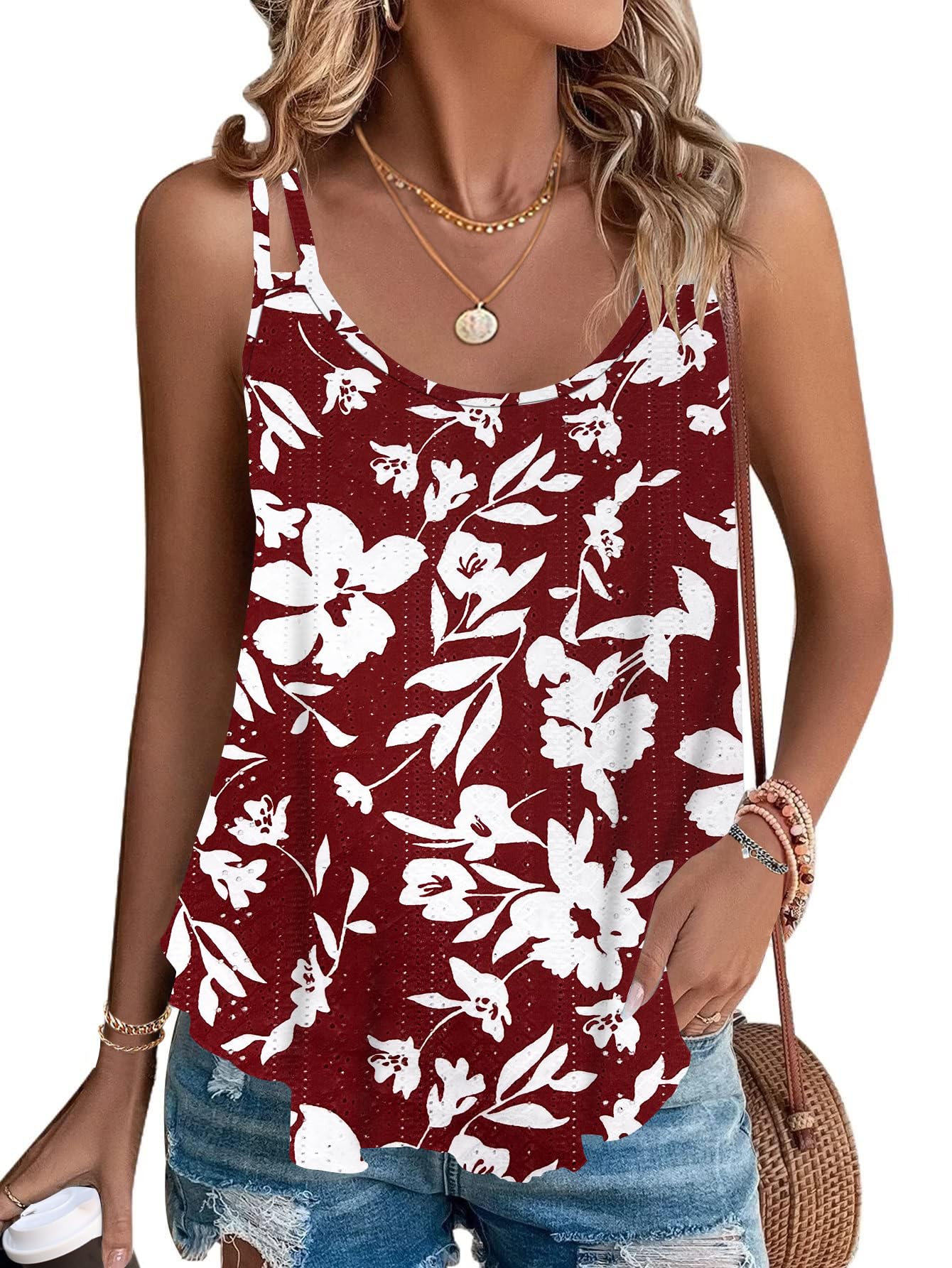 WNEEDU Damen Tank Tops Sommer Spaghetti Cami Oberteile Ärmellose Rundhalsausschnitt Blusen Top Shirts Rot Weiß Blume XL