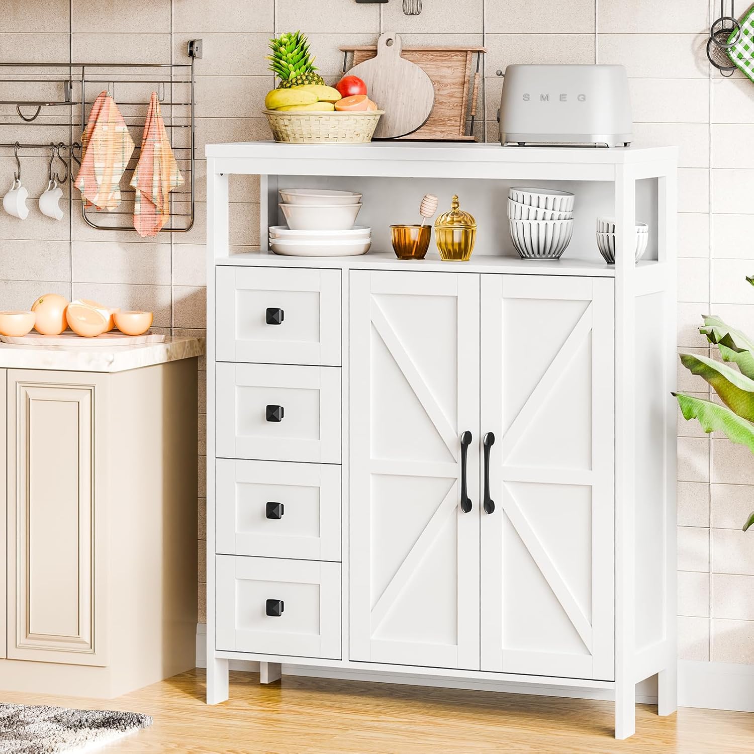 Vabches Farmhouse Storage Cabinet with 2 Doors and 4 Drawers, Freestanding Bathroom Compartment Kitchen Pantry Cabinet, Floor Cupboard for Kitchen/Living Room/Bathroom,White