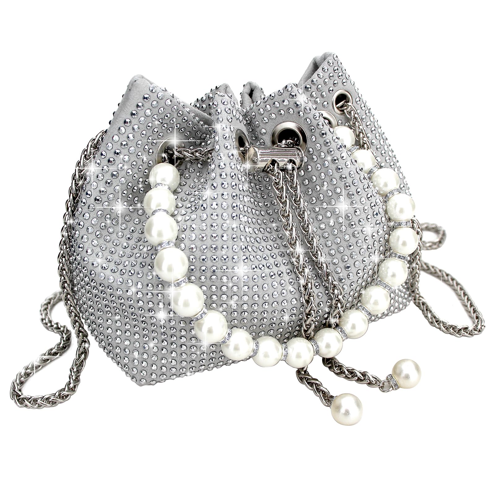 iSamzan Evening Bucket Handbag for Women Sparkly Rhinestone Pearl Clutch Silver Purse for Party Club Wedding Cocktail Prom