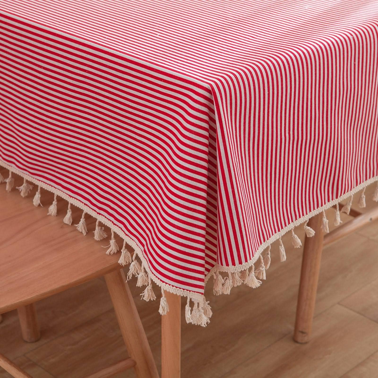 Mantel Mesa Rectangular Exterior Ajustable Rayas Rojas con Borla Macrame De Decorativo Lavable Rojo Blanco Sabana Algodon Protección Decoración 140X180Cm