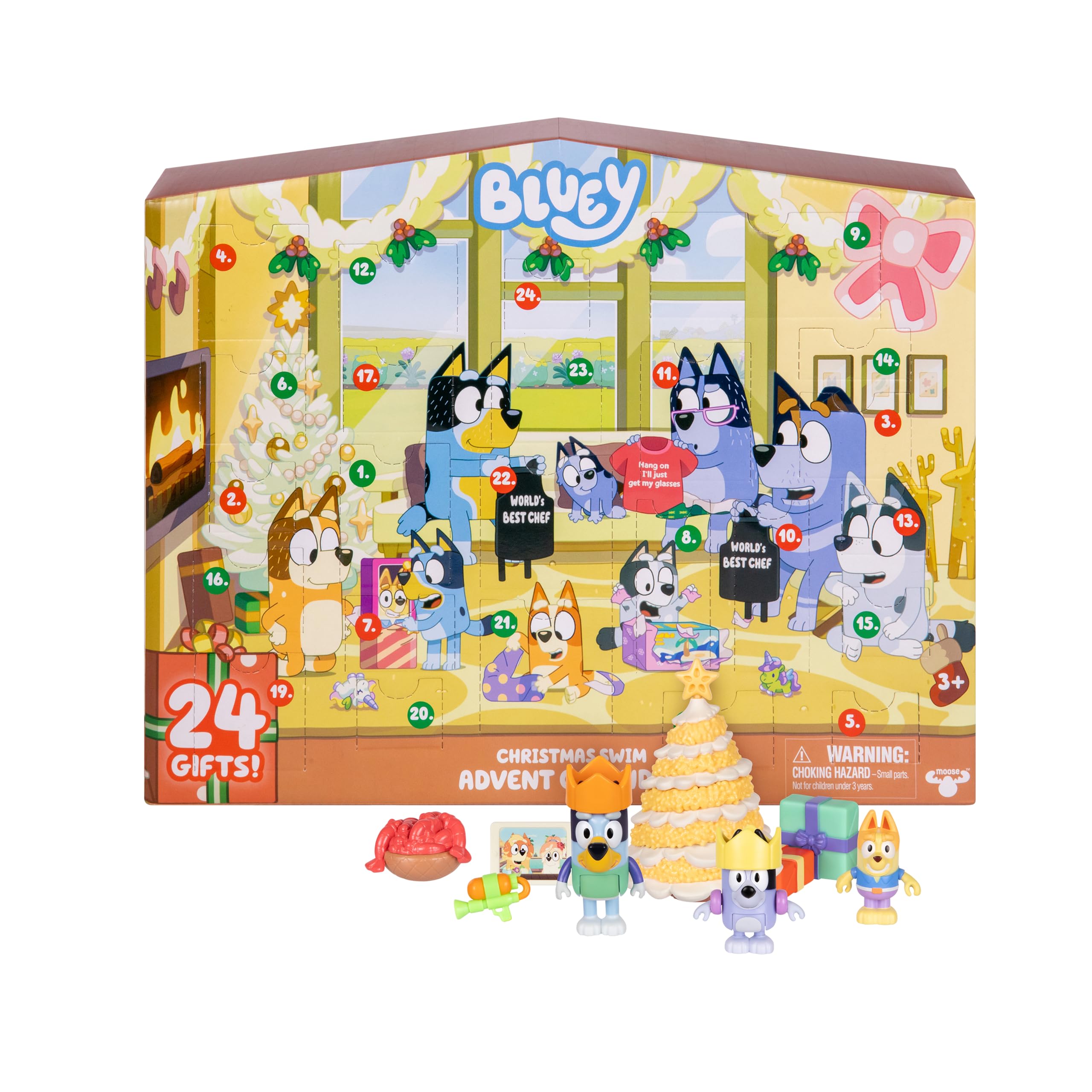 Bluey Mini Figures Christmas Swim Advent Calendar, 24-Day Christmas Calendar Countdown with 3 Festive Stickers, Advent Calendars for Ages 3+