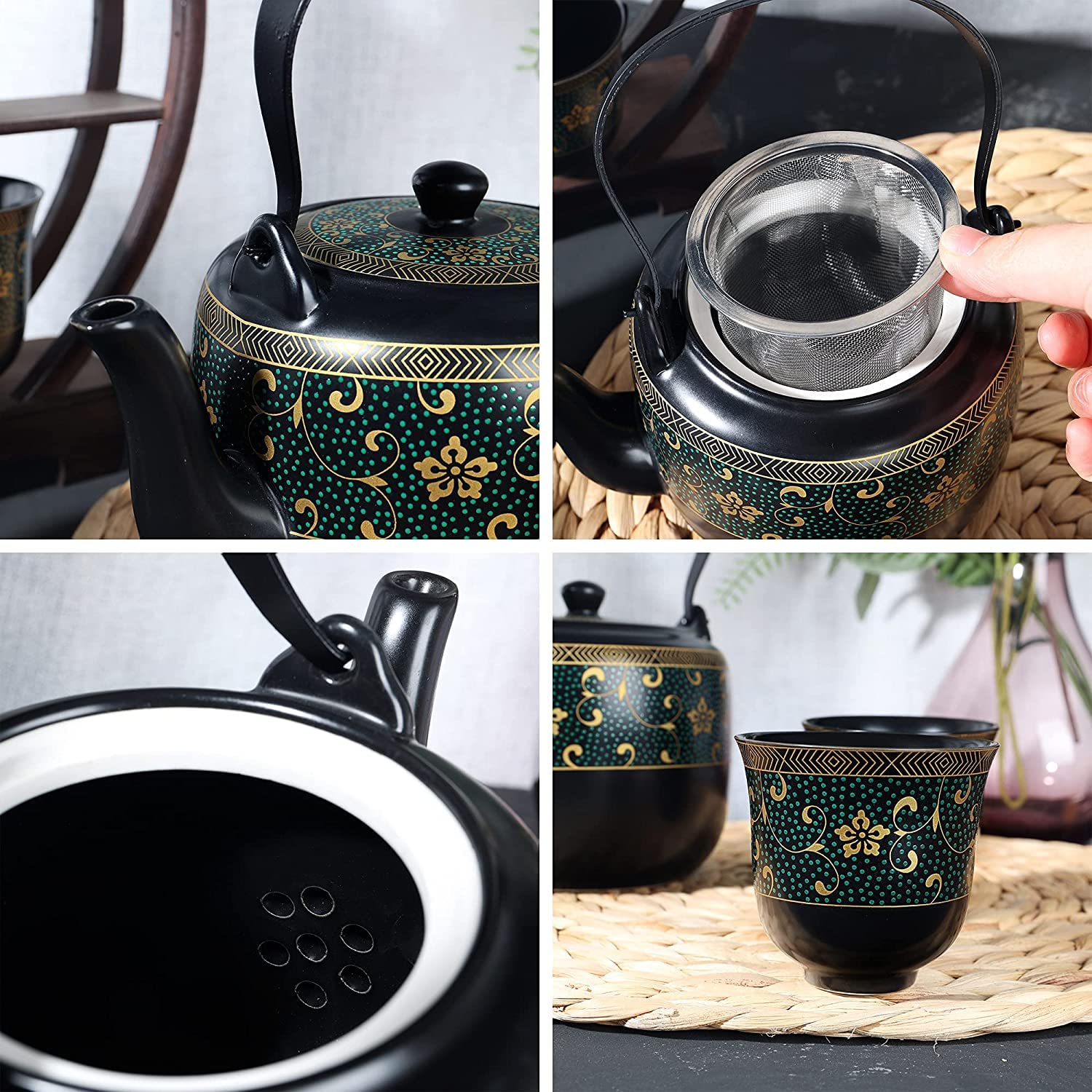 Chiński japoński porcelanowy zestaw do herbaty, ręcznie wykonany czajniczek kungfu z 6 filiżankami, duży czarny dzbanek do herbaty ze złotymi kwiatami wzór
