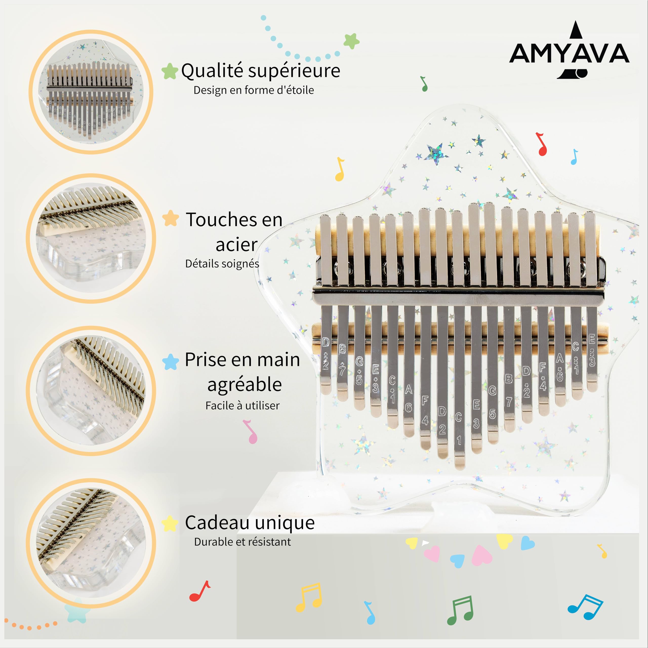 Kalimba 17 touches en Cristal Acrylique, Instruments de Musique portables Mbira, joli Cadeau Musical-Coffret Complet Incluant Ebook et instructions en Français pour Enfants et Adultes débutants.
