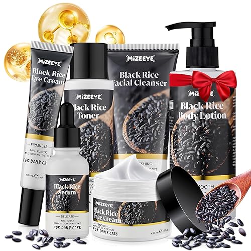 Juego de rutina de cuidado de la piel de arroz negro natural para mujeres, kit antienvejecimiento con lavado facial, tóner, suero, loción corporal,
