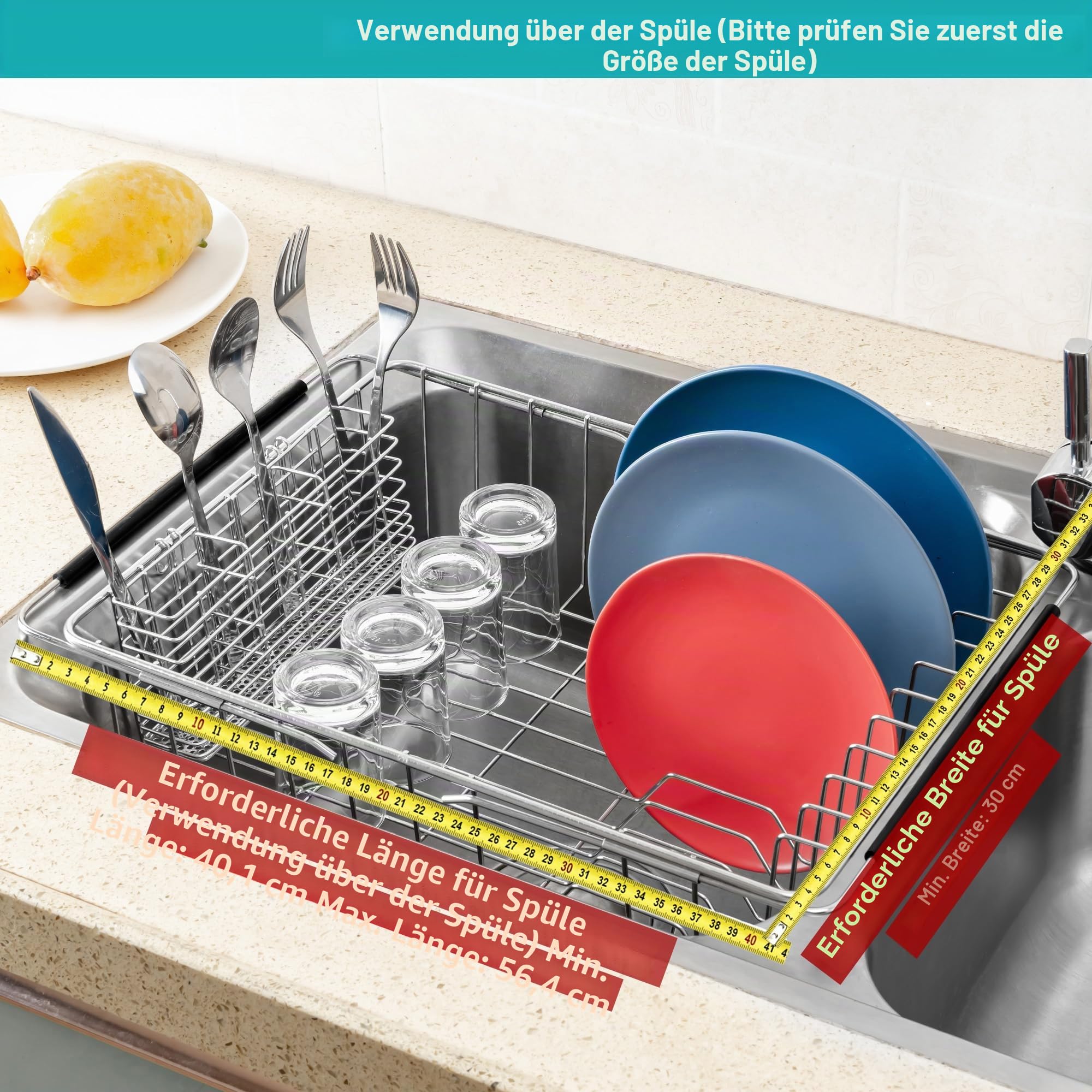 iPEGTOP Erweiterbares Abtropfgestell für Geschirr – Rostfreies Edelstahl Abtropfkorb für Spüle, Multifunktionaler Geschirrständer mit Besteckhalter, Innen-Sink-Organizer