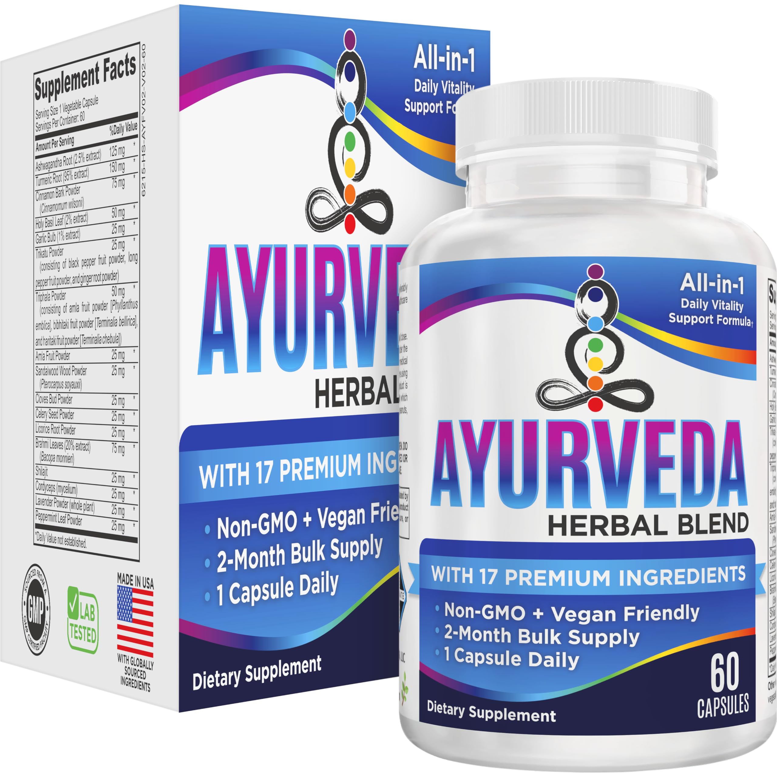 Ayurveda Herbs Supplement (2-Month Supply) | 17-in-1 Formula | Ayurvedic Supplements | Daily Health Support for Mind & Body Balance | 60-Day Bulk Supply | 60 Capsules