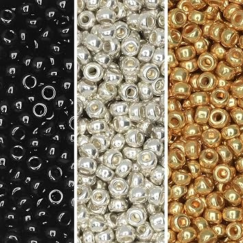 Set of 3 Colors - Miyuki Round Seed Beads Size 11/0, 8.2GM Each Color, Galvanized Silver Gold and Black Collection