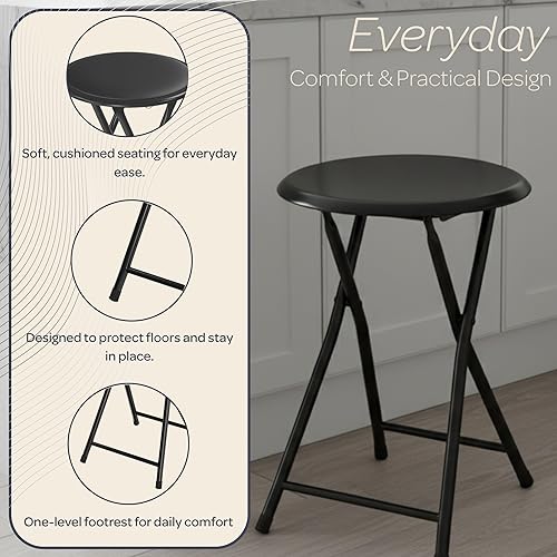 Miniatura 4 de Folding Stool - Backless 18-Inch Stool with 225lb Capacity for Kitchen or Rec Room - Portable Indoor Counter Bar Stools by Lavish Home (Black)