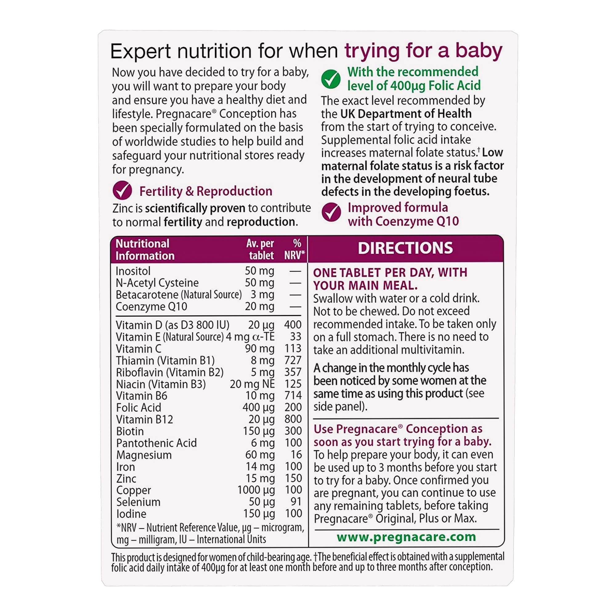 Vitabiotics Pregnacare Conception 30 Tablets Preconception Multivitamin with 400mcg Folic Acid, Vitamin D, Zinc & Inositol for Women Trying to Conceive, One-a-Day Supply