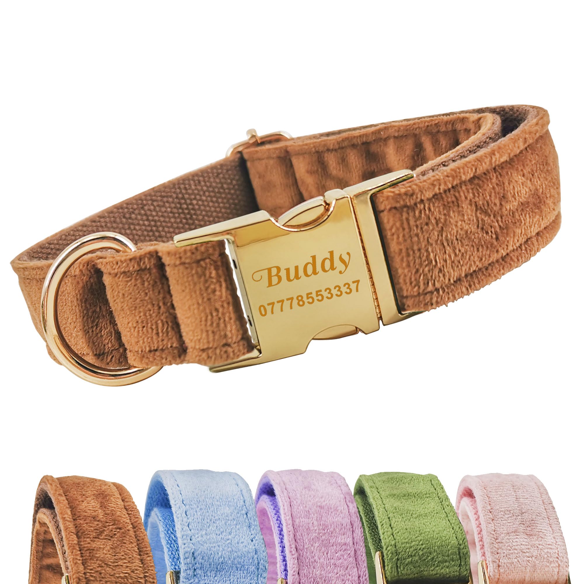 Personalised Dog Collar Custom Adjustable Velvet Dog Collars Engraved Puppy Pet Collars for Small Medium Large Dogs Cats Puppy Pet Furry Friend (Brown, M)