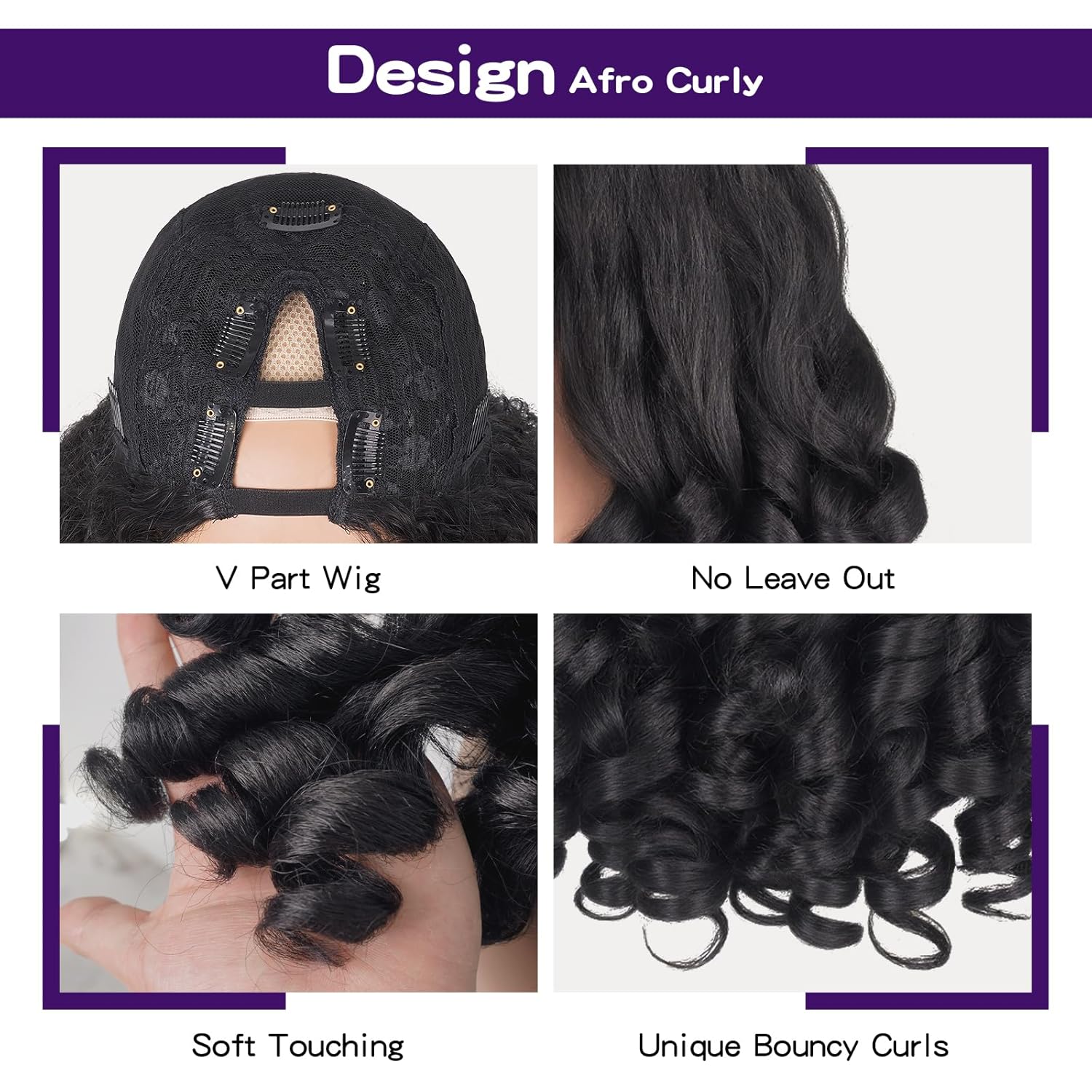 V Part Wig Curly Half Wig for Black Women, 180% Density Wear and Go Glueless Wigs with Bouncy Curls in the End, Heat-Resistant Synthetic Hair No Leave out Clip in (Black, 18 Inch)