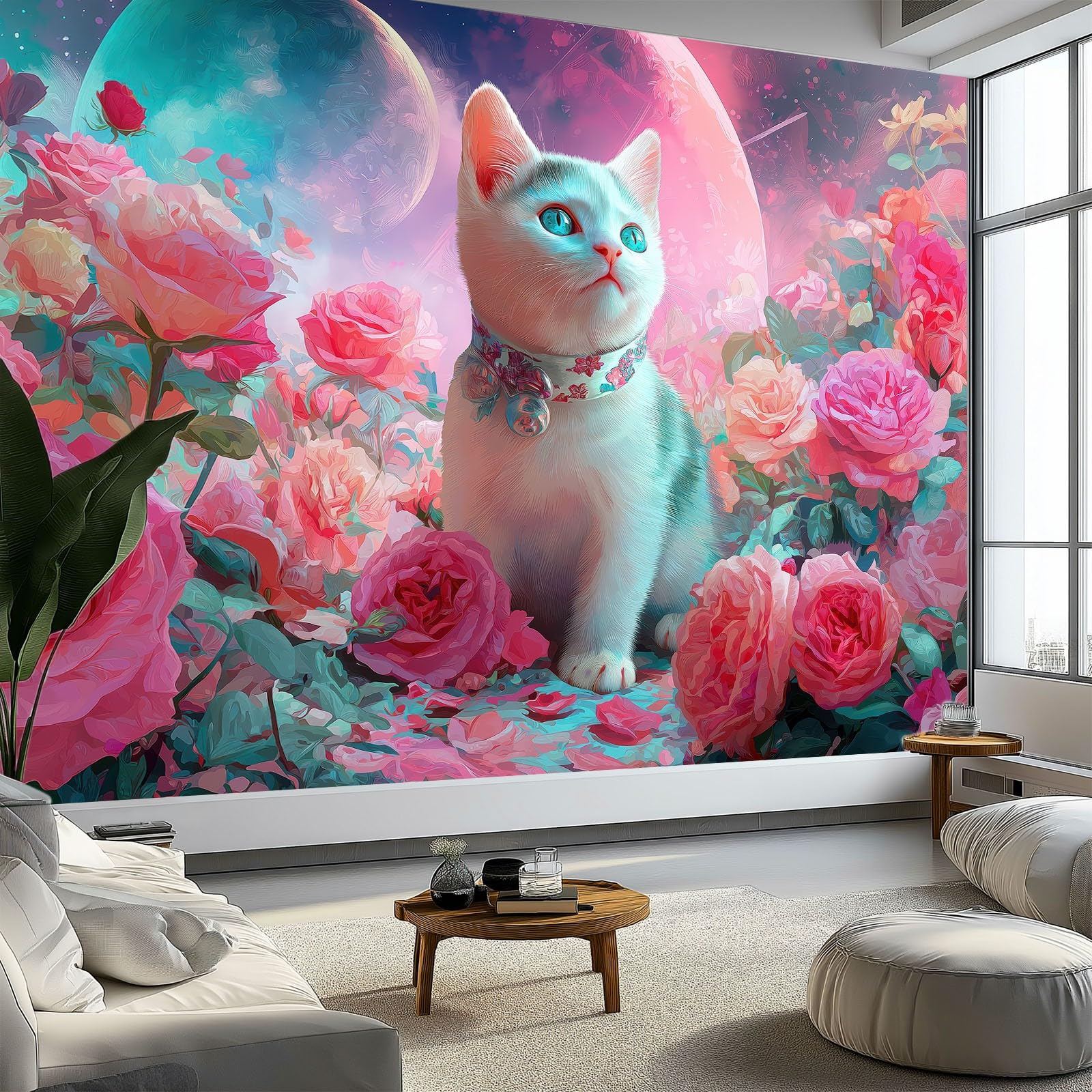 3D Fantasy Kosmos Kwiat Ogród Koty Włóknina Tapeta Mural 350 x 256 cm, Różowe Duże okładziny ścienne, Wklej na ścianę dla dziewcząt, chłopców, sypialni, przedszkola, nastolatków, pokoju zabaw, wystrój