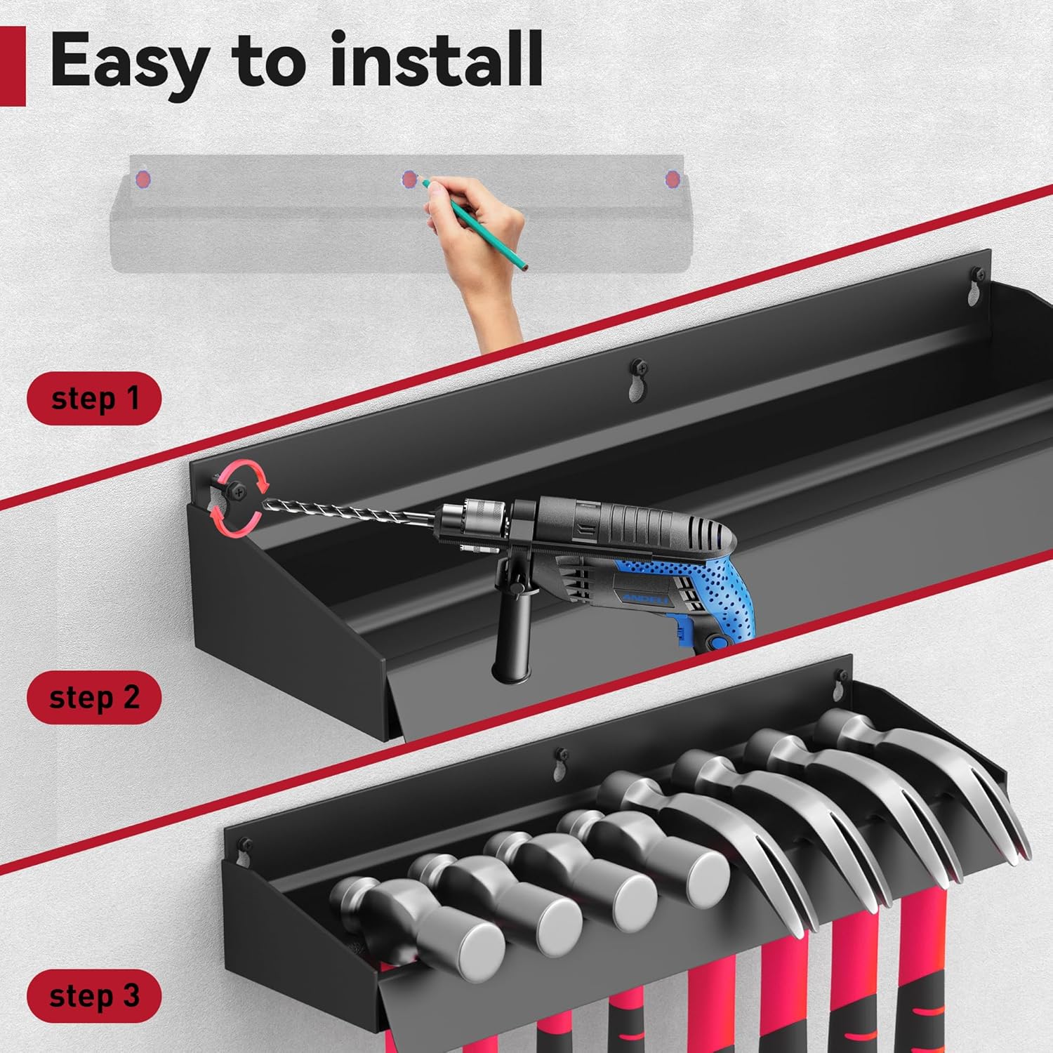 Hammer Holder Wall Mount Hammer Organizer Hand Tool Storage Kit Rack for Garage, Home, Workshop, Factory and More