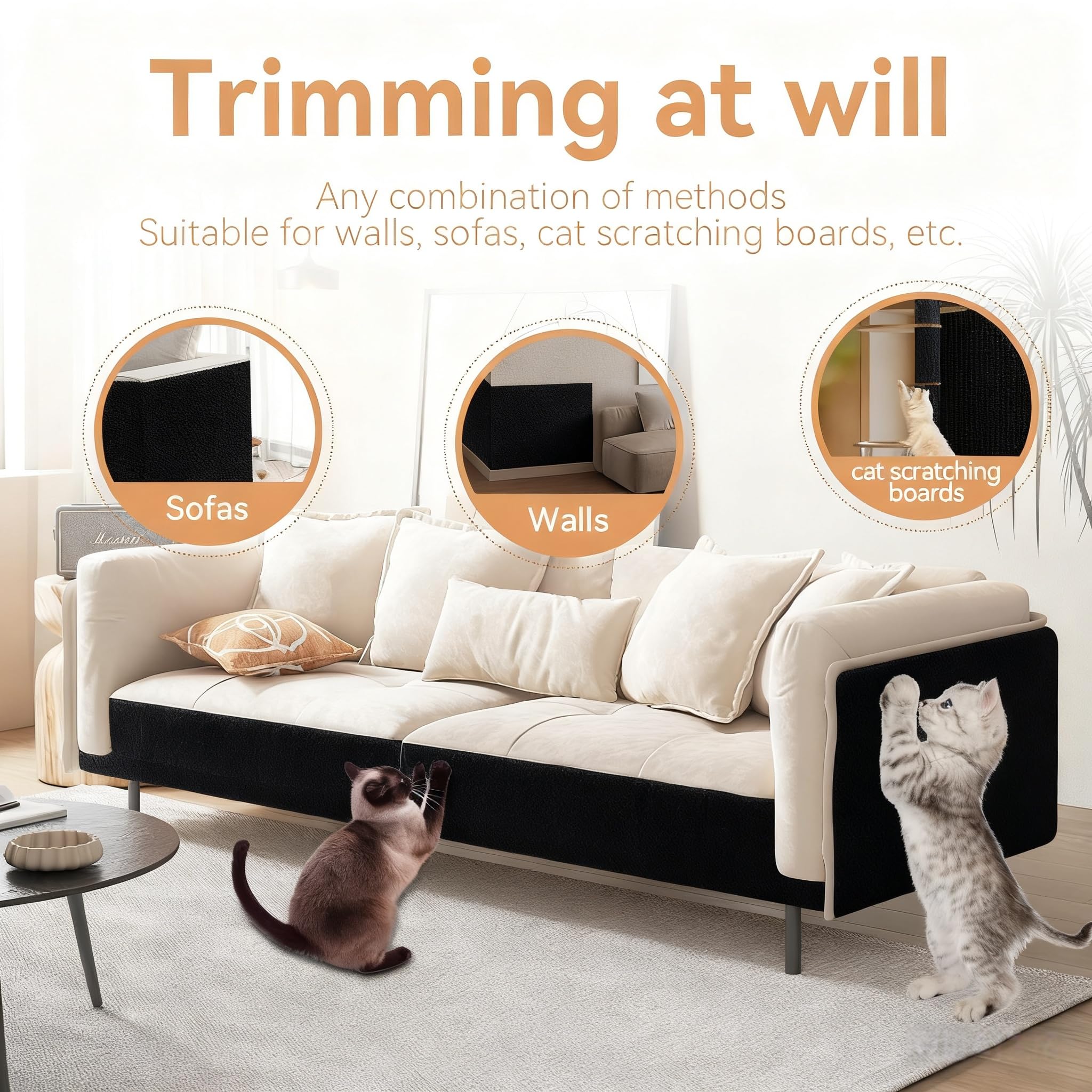Protezione Divano Graffi Gatto, Tappeto Tiragraffi per Gatti Autoadesivo 200x40cm, Riutilizzabile e Tagliabile, Ideale per Divani, Mobili e Pareti, Tiragraffi divano, Sisal e Moquette (Nero)