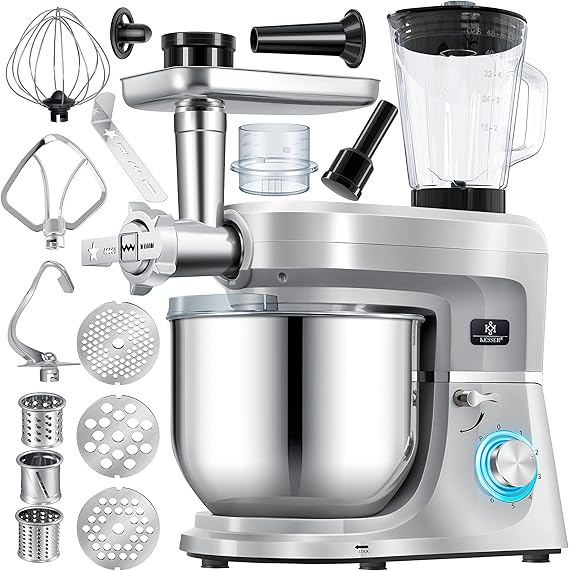KESSER® Robot da cucina universale 3 in 1 K-KM 3000 con tritacarne Impastatrice multifunzionale Miscelatore da 5,5 l con 3 strumenti di miscelazione, Spremiagrumi, d'argento
