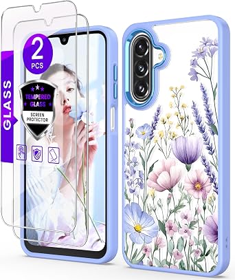 for Samsung Galaxy A17 5G Case+Tempered Glass Screen Protector,Military Grade Protective Slim Soft TPU + Hard PC,Girls Women Crystal Clear Flower Pattern Cover for Galaxy A17 5G-Light Purple