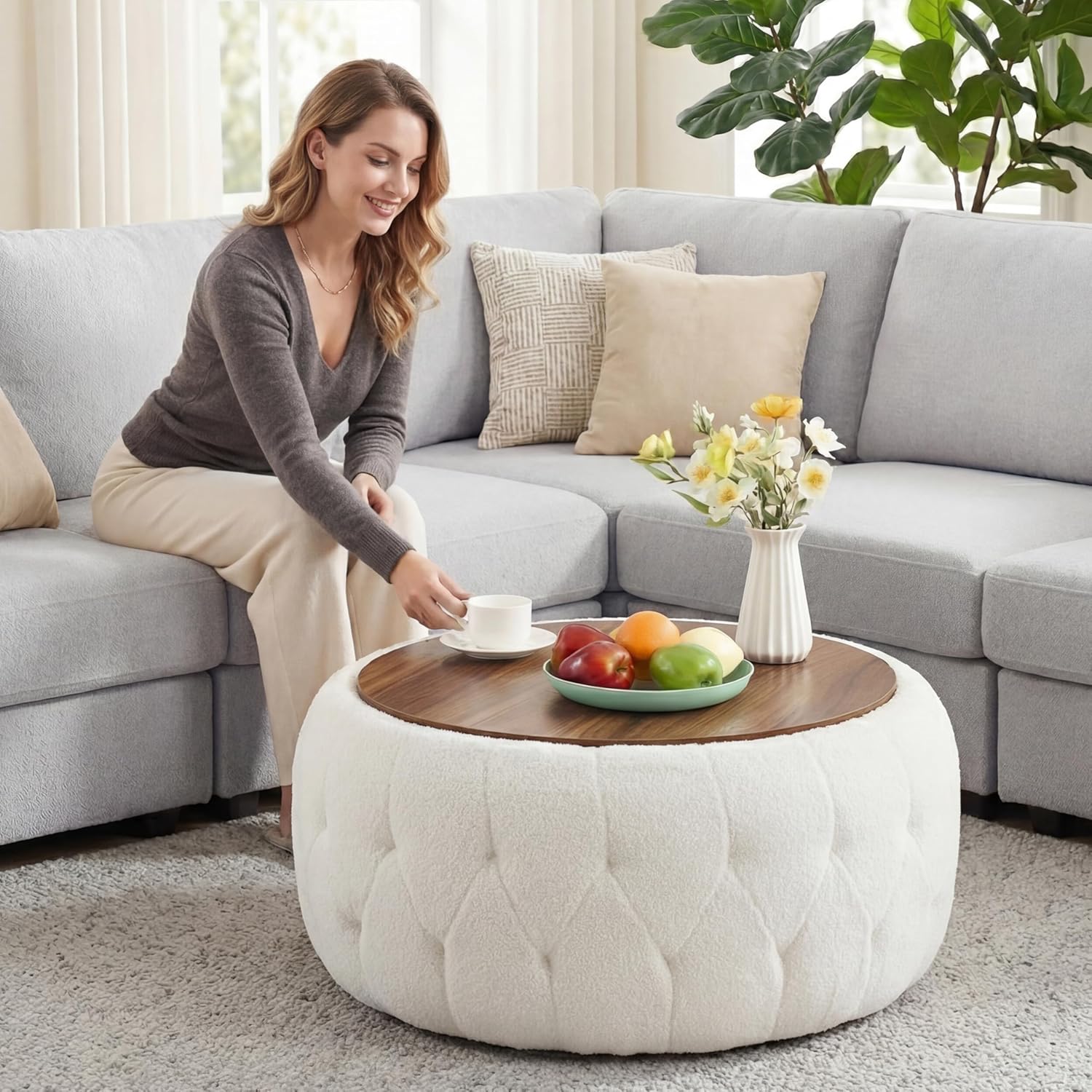 Large Round Storage Ottoman Coffee Table with Wooden Tabletop, 30.5 Inches Teddy Fleece Tufted Ottoman for Living Room, Bedroom, Apartments, White