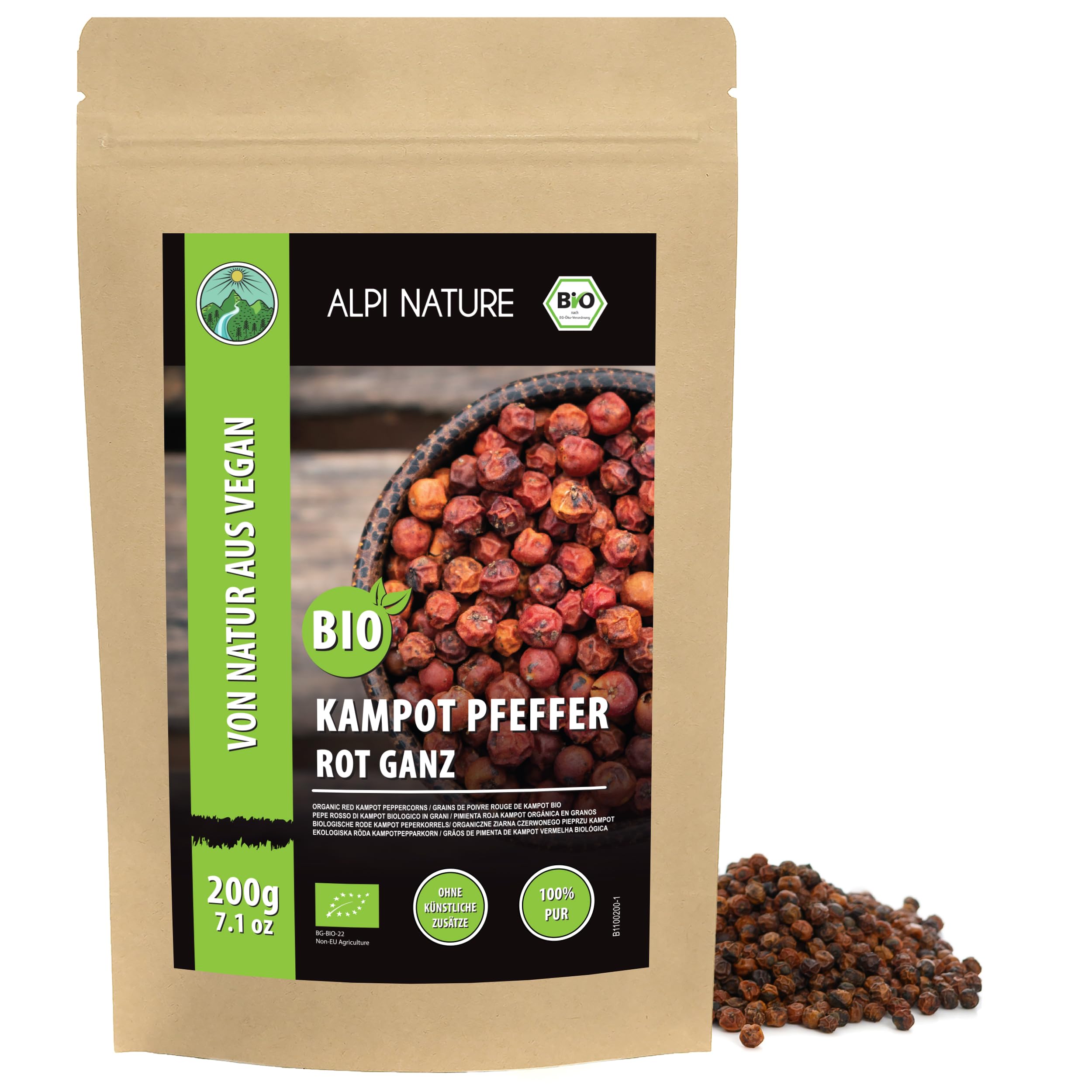 Alpi Nature Pepe Rosso di Kampot BIO 200g, Grani di Pepe di Kampot Biologico Interi per Cucinare