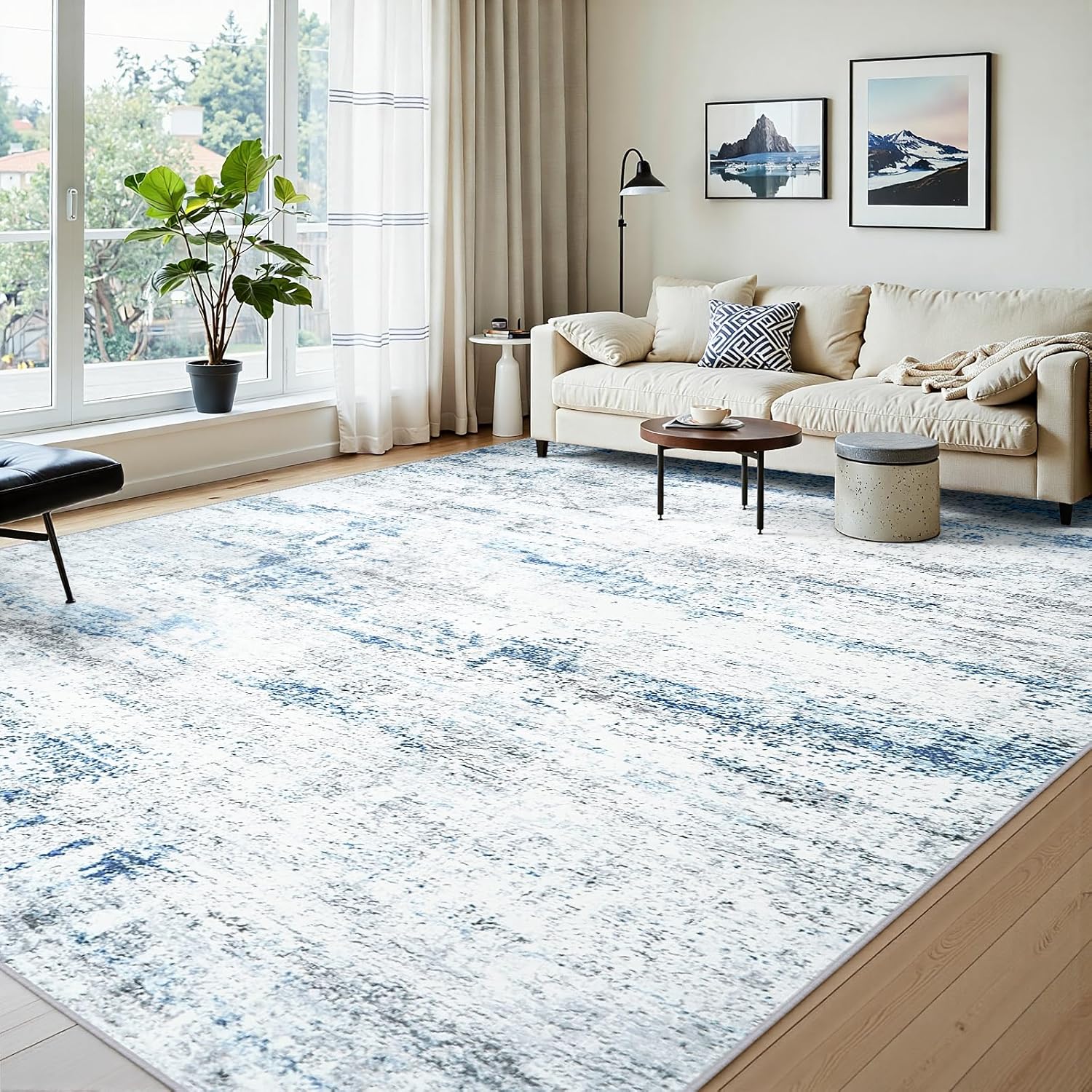 Area Rugs 10x14 Living Room: Large Soft Washable Rug Modern Abstract Anti-Skid Non-Shedding Carpet Indoor Floor Thin Carpets for Bedroom Dining Room Farmhouse Nursery Home Office White Gray Blue
