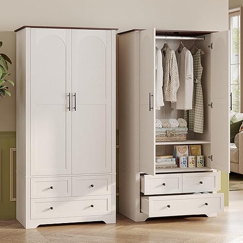 Maupvit Wooden Wardrobe Closet,Versatile Storage Armoire Wardrobe Closet with Aluminum Alloy Hanging Rod, 2 Doors，3-Drawer and Hanging Rail