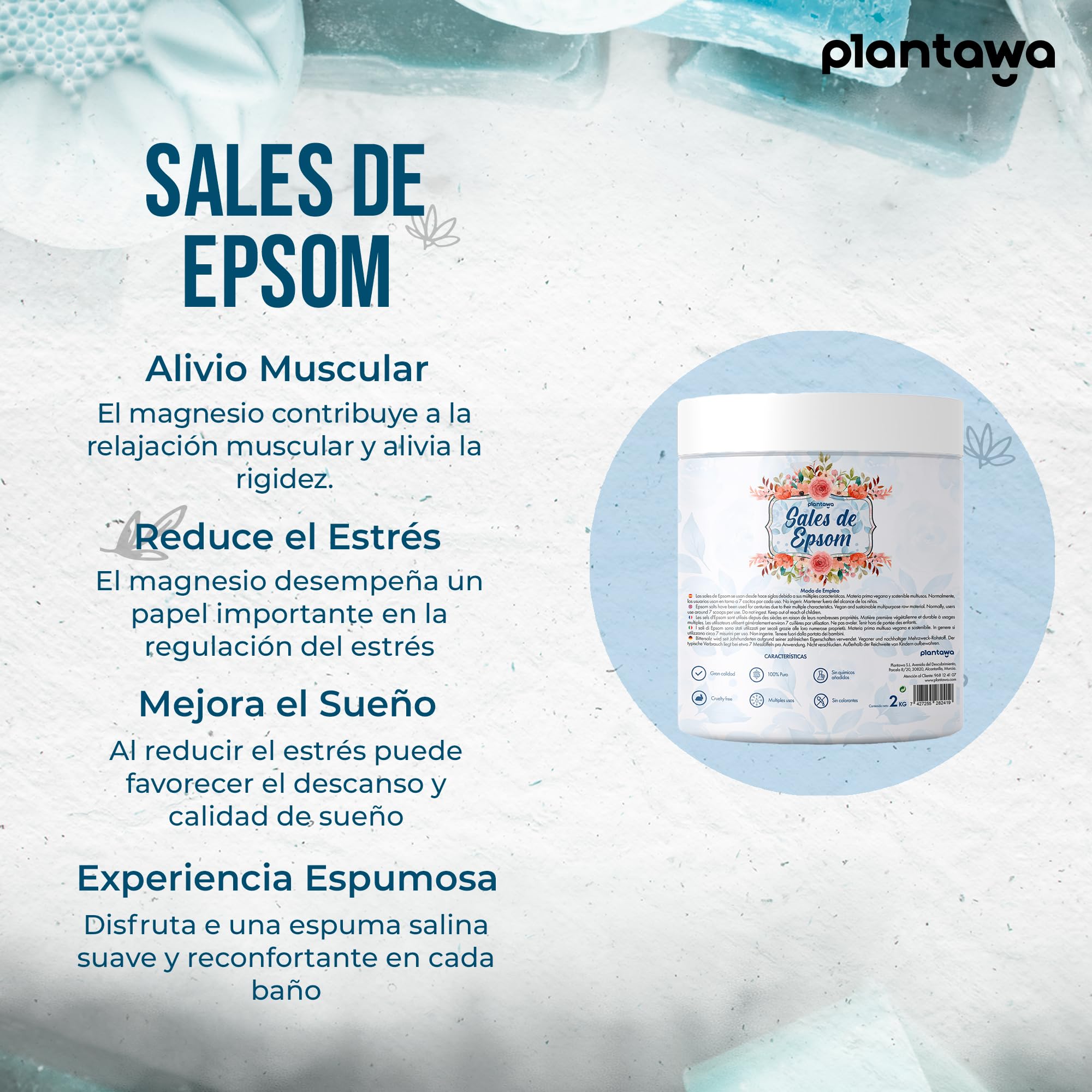 Sales de Epsom 2KG | Sales de Baño con Sulfato de Magnesio para Relajación Muscular | Aromaterapia Relajante, Baño Espumoso 100% Natural