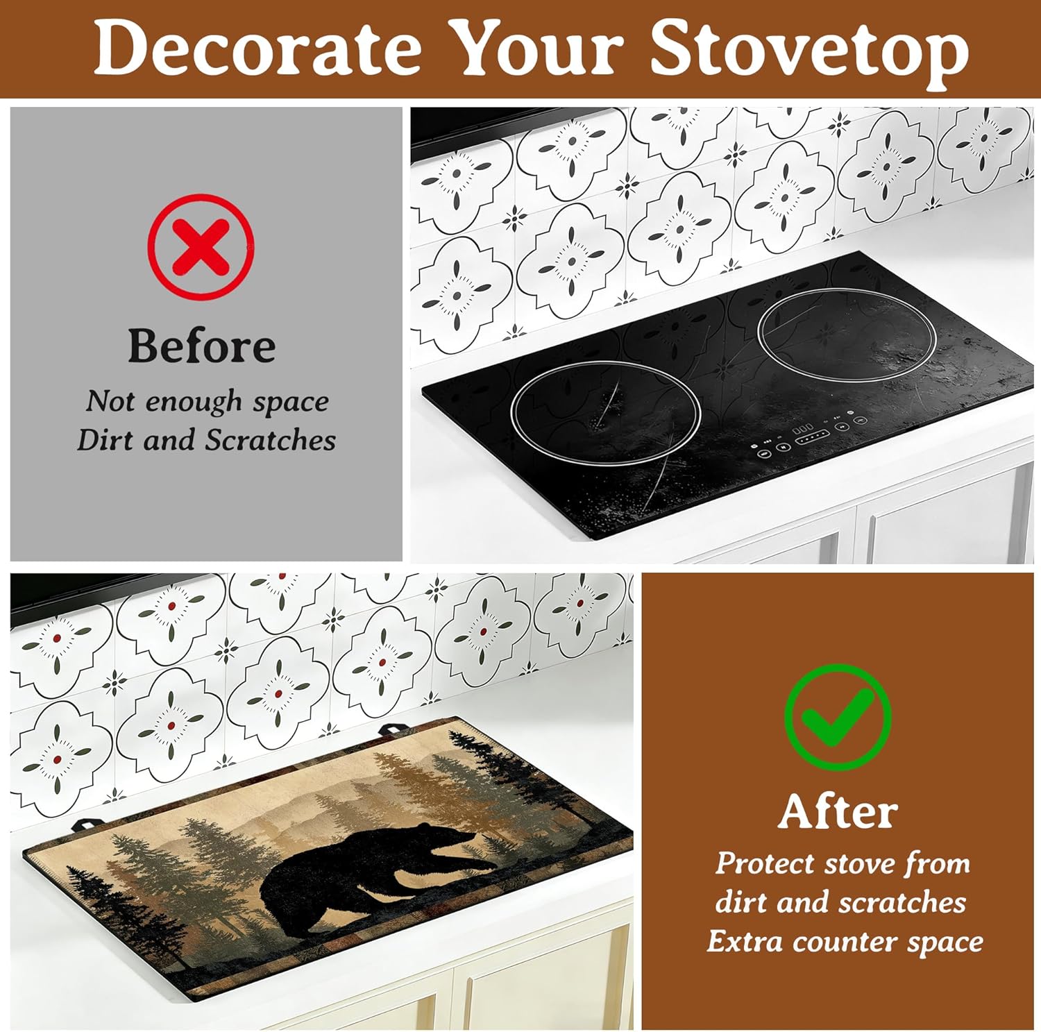 Stove Top Cover for Electric Stove,Boho Bear Forest Heat Resistant Glass Cooktop Cover for Kitchen Countertop Protector Dish Drying Mat 28.5×20.5in