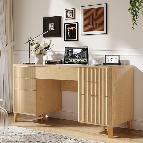 Miniatura 8 de Escritorio Ejecutivo Acanalado de 55.1" con Cajones, Escritorio de Computadora de Madera con Gabinete de Almacenamiento, Escritorio de Oficina en