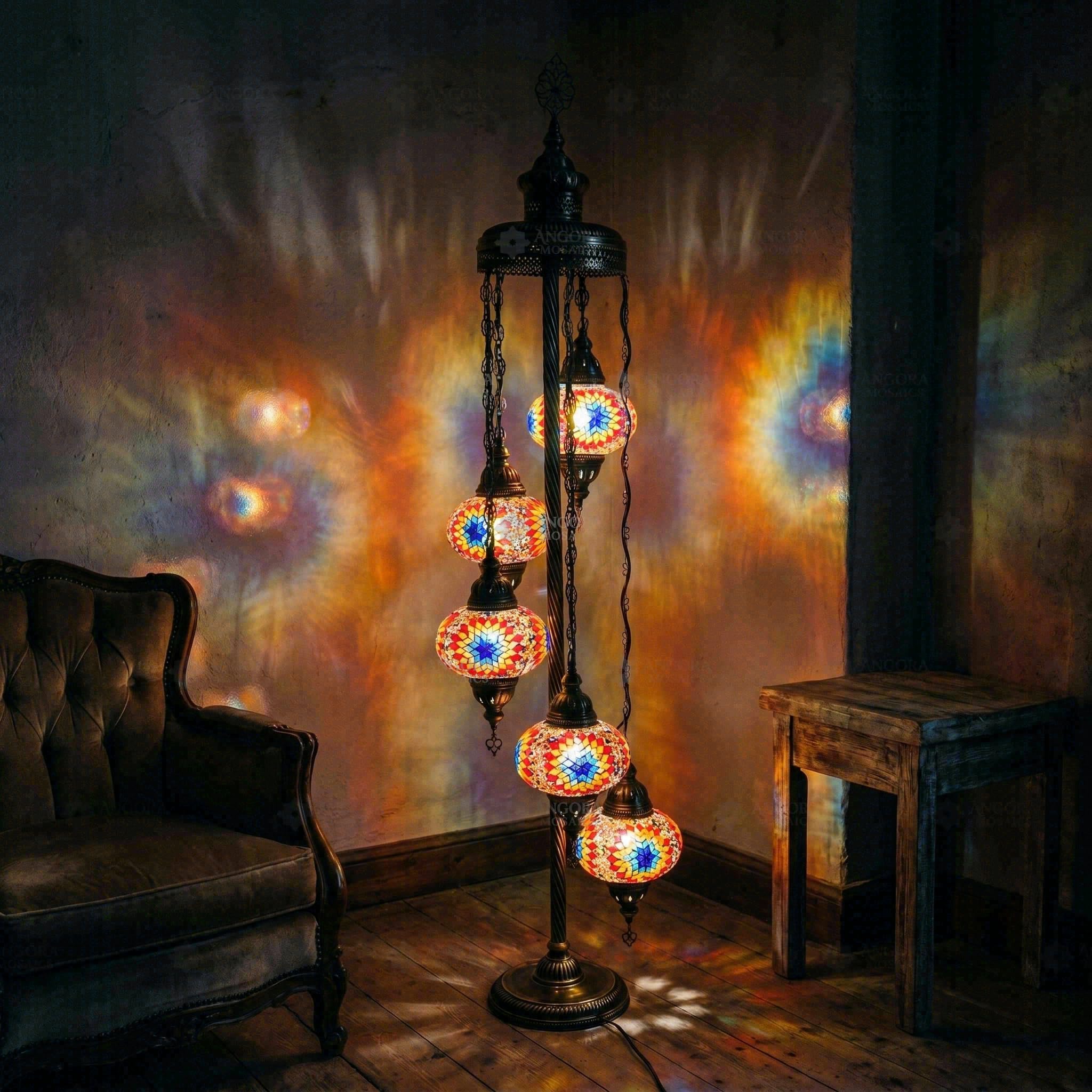 ENVA Lampada da terra multicolore con mosaico turco, 5 globi, realizzata a mano, in vetro, con vivace motivo Starburst, decorazione per soggiorno in stile bohémien marocchino