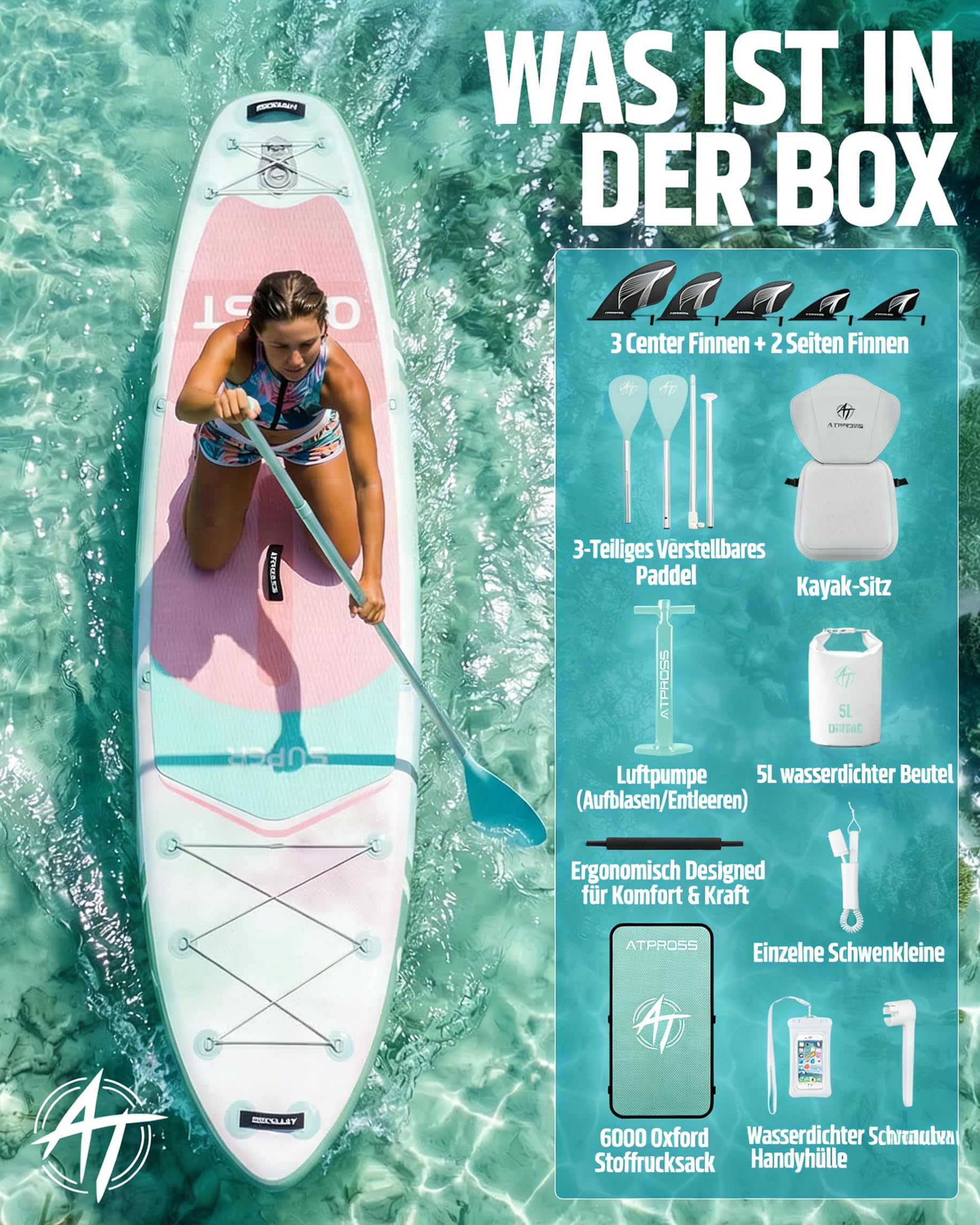 366x92cm Extra Groß & Breit Stand Up Paddling Board, SUP Board 240kg für alle Gewässer, Ultra-stabiles Stand Up Paddle mit Sitz & Zubehör Set, SUP für Yoga, Angeln & Surfen