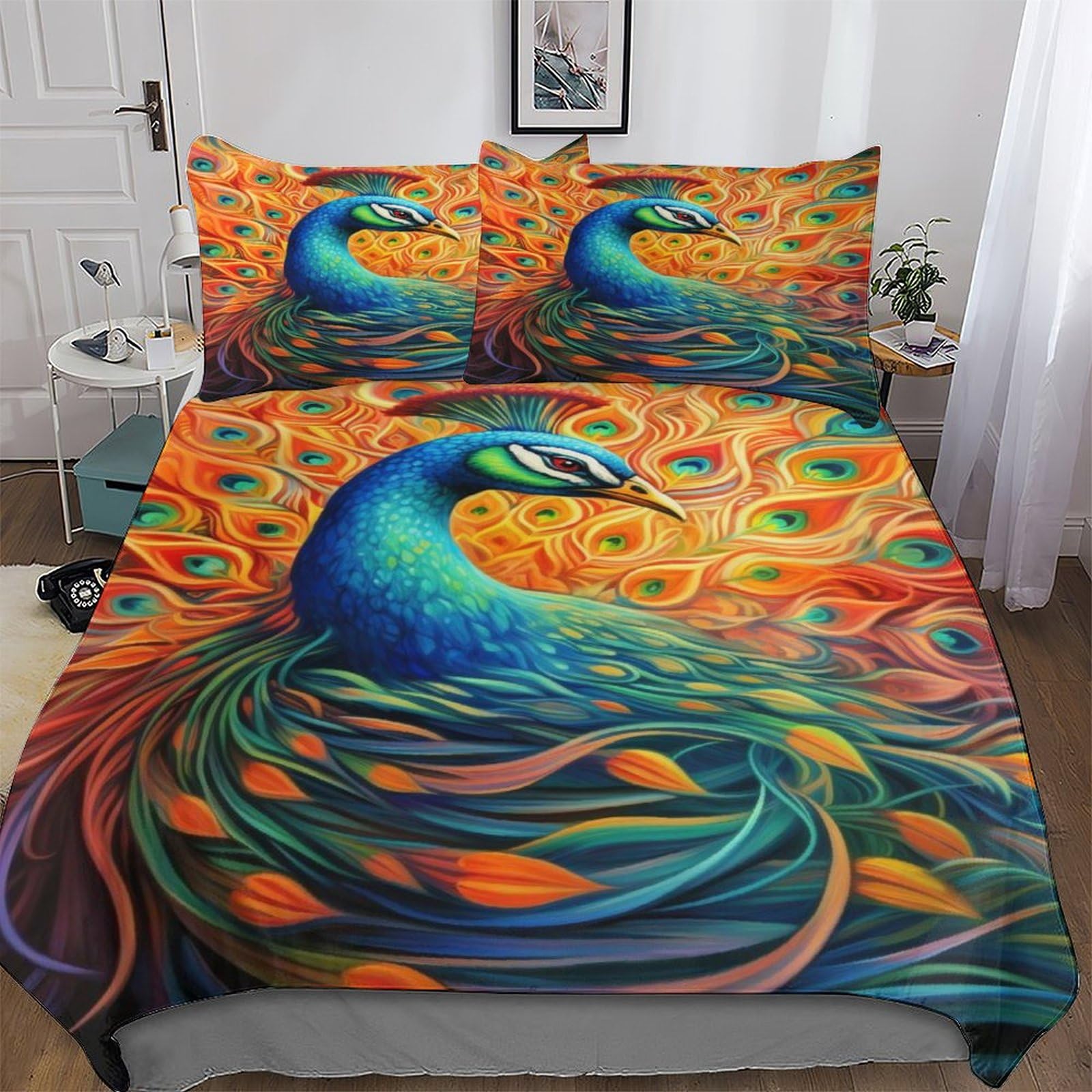 Housse de couette paon 220x240cm microfibre infroissable pour simplifier la lessive