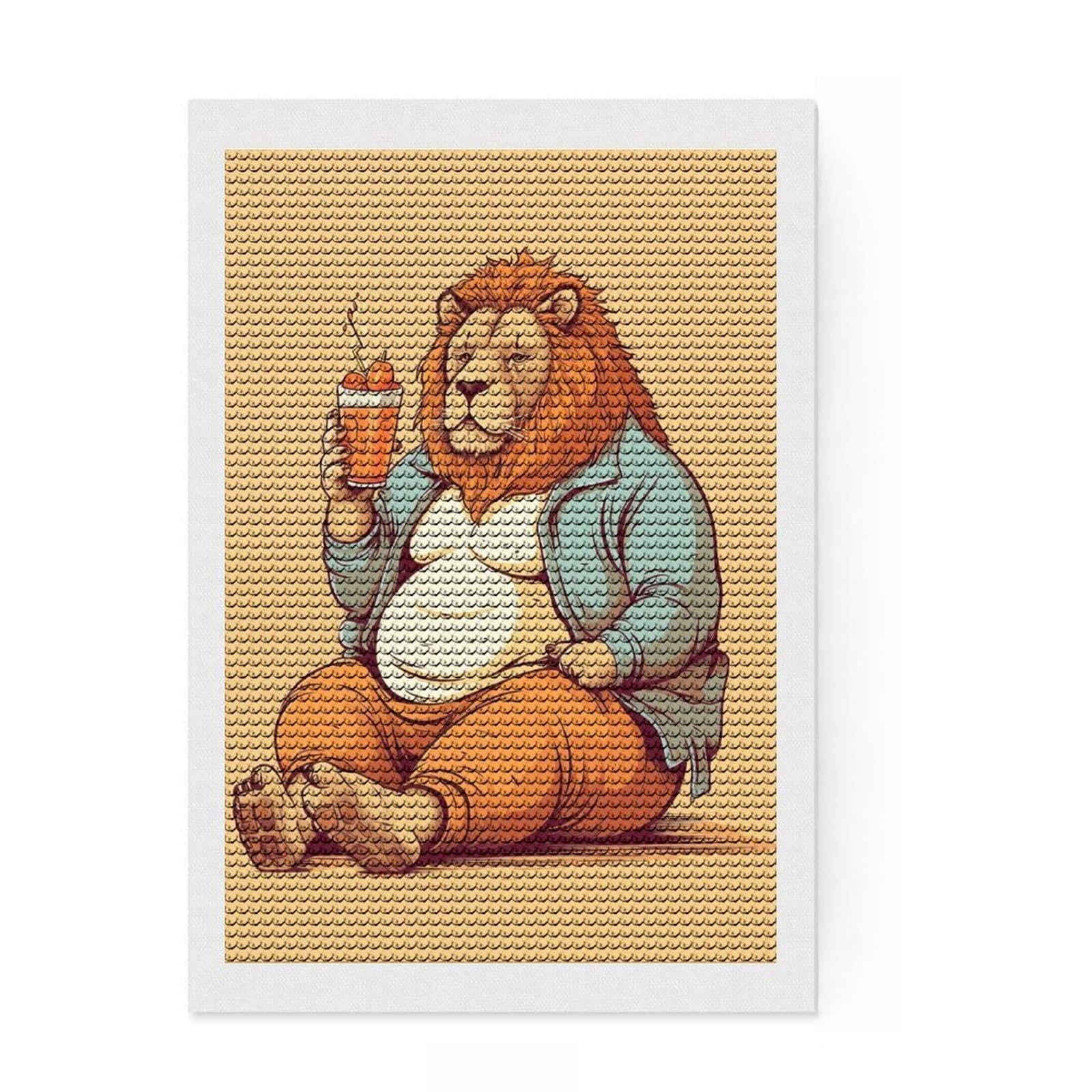 Junmoney Fat Lion Animal Art Diamond Art Canvas 8"x12", Satisfying Creative Project, Sparkling Round Gems, Stress Relief Craft, Office Decor