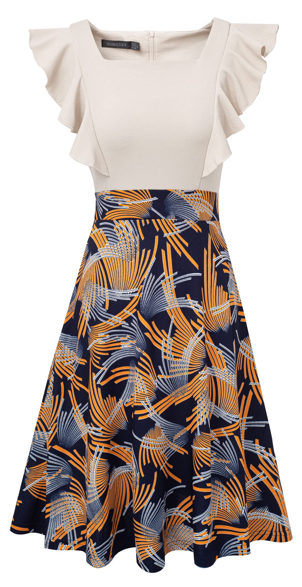 HOMEYEE Vestido de Cóctel de Fiesta Floral hasta la Rodilla Rockabilly con Mangas con Volantes y Bolsillos para Mujer A312